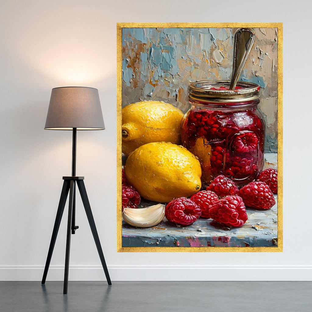 Raspberry Jam Jar with Lemons and Garlic Still Life Canvas, Rustic Kitchen Wall Art, Fruit Painting, Home Decor Canvas Print Ready To Hang,