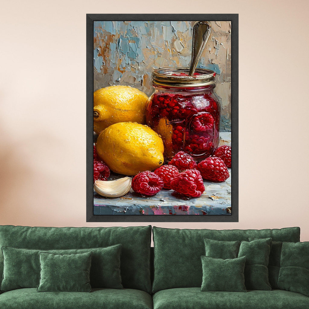 Raspberry Jam Jar with Lemons and Garlic Still Life Canvas, Rustic Kitchen Wall Art, Fruit Painting, Home Decor Canvas Print Ready To Hang,