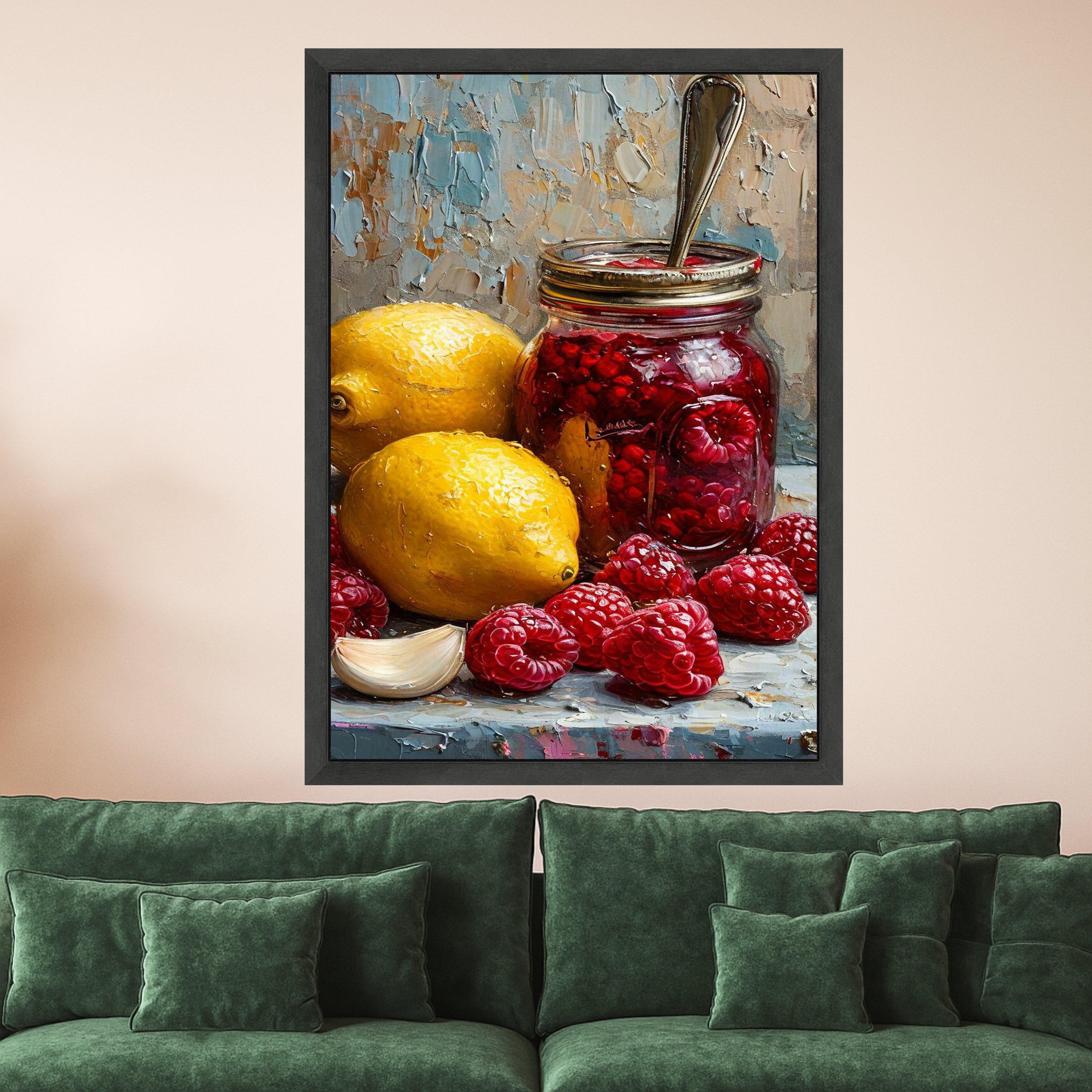 Raspberry Jam Jar with Lemons and Garlic Still Life Canvas, Rustic Kitchen Wall Art, Fruit Painting, Home Decor Canvas Print Ready To Hang,