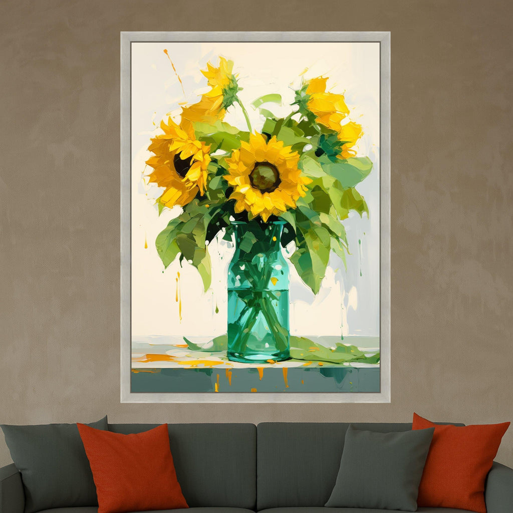 Bright Sunflower Bouquet Canvas, Floral Wall Art, Yellow Sunflowers in Vase, Summer Home Decor, Nature Painting Print, Ready Ready To Hang,