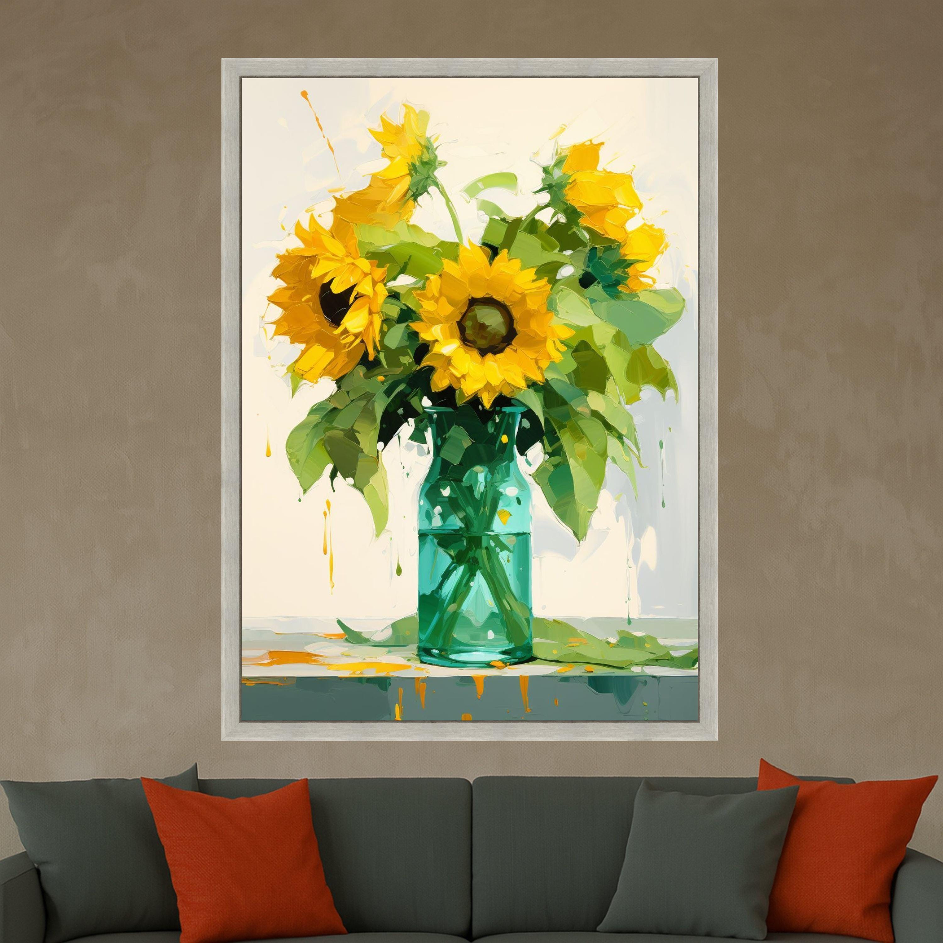 Bright Sunflower Bouquet Canvas, Floral Wall Art, Yellow Sunflowers in Vase, Summer Home Decor, Nature Painting Print, Ready Ready To Hang,