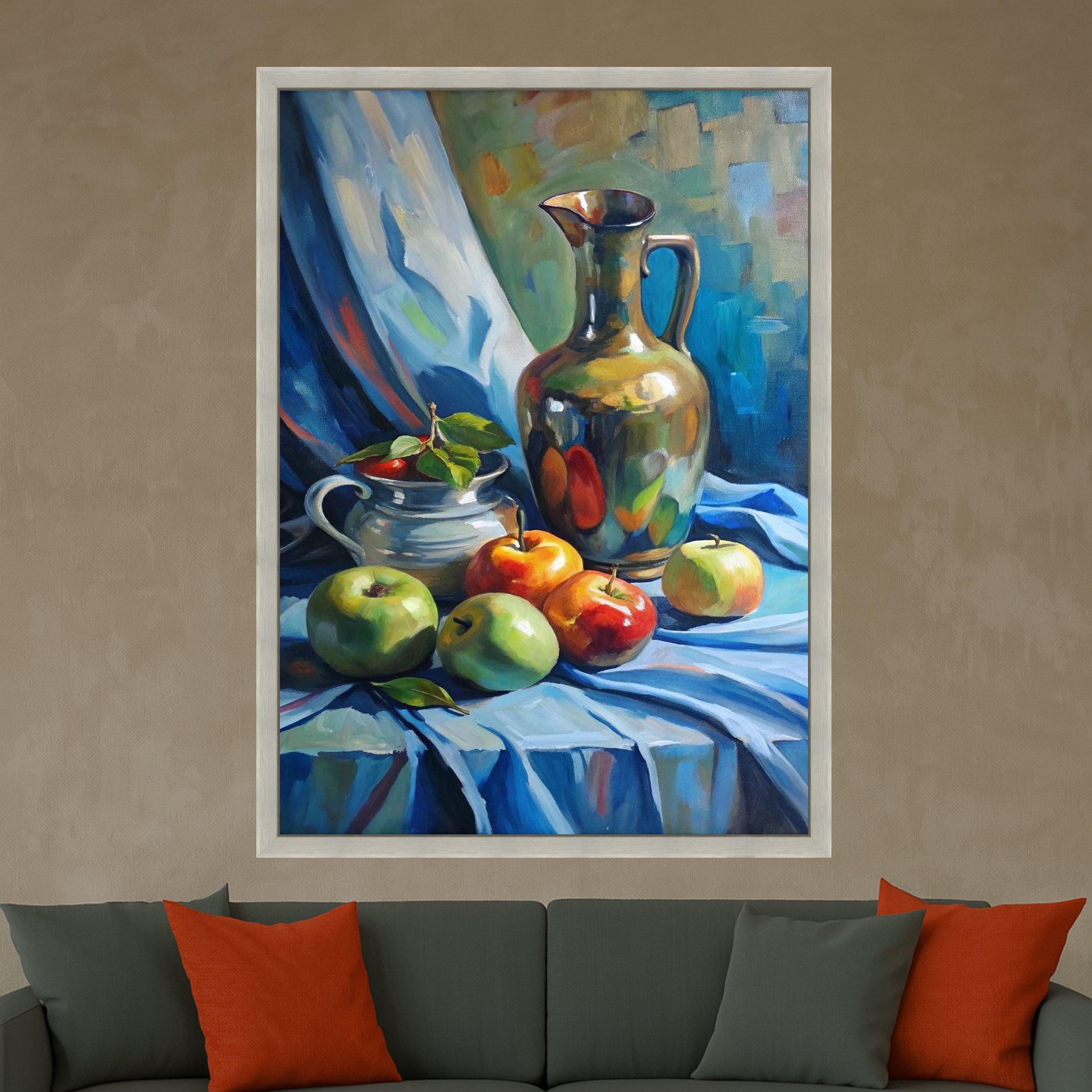 Still Life with Apples and Metallic Pitcher, Classic Fruit Canvas Wall Art, Decorative Kitchen Artwork, Traditional Home Ready To Hang,