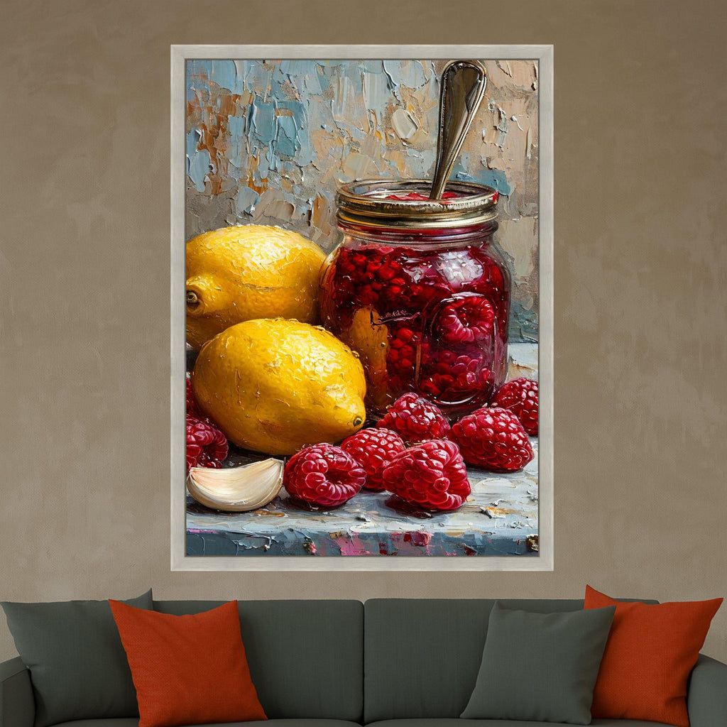 Raspberry Jam Jar with Lemons and Garlic Still Life Canvas, Rustic Kitchen Wall Art, Fruit Painting, Home Decor Canvas Print Ready To Hang,