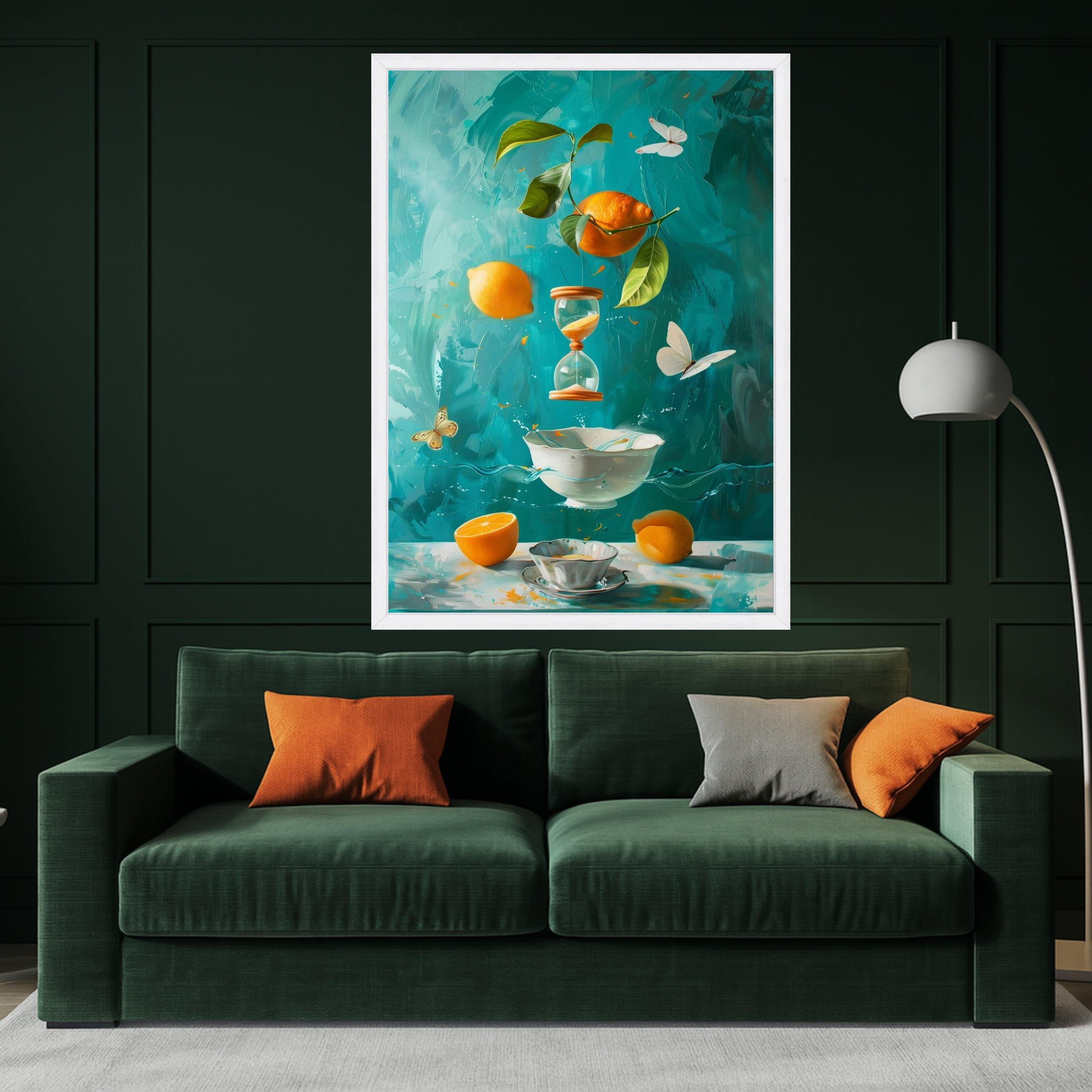 Surreal Citrus Still Life Canvas, Floating Lemons and Hourglass, Butterflies and Porcelain Bowl, Vibrant Blue Kitchen Wall Ready To Hang,