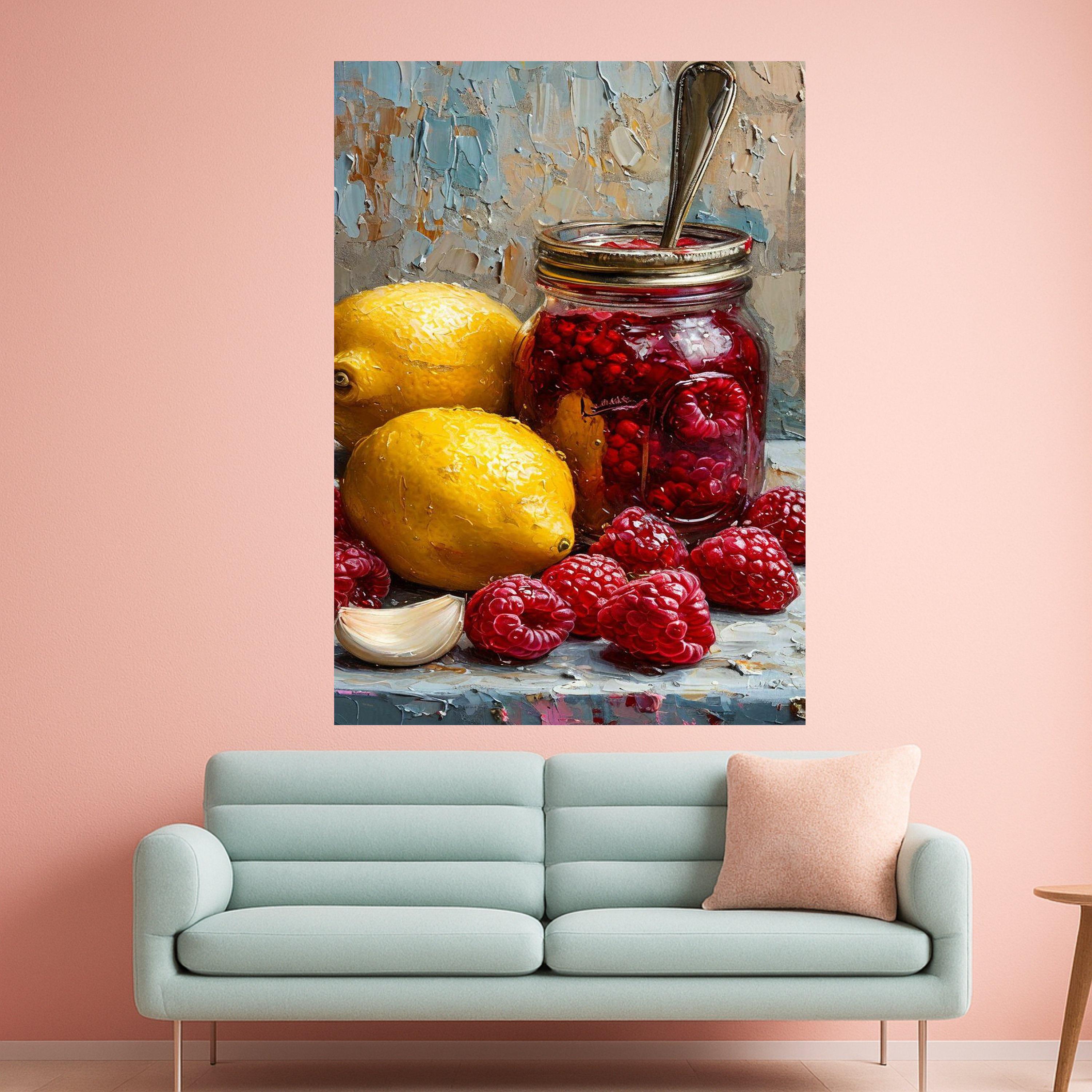 Raspberry Jam Jar with Lemons and Garlic Still Life Canvas, Rustic Kitchen Wall Art, Fruit Painting, Home Decor Canvas Print Ready To Hang,