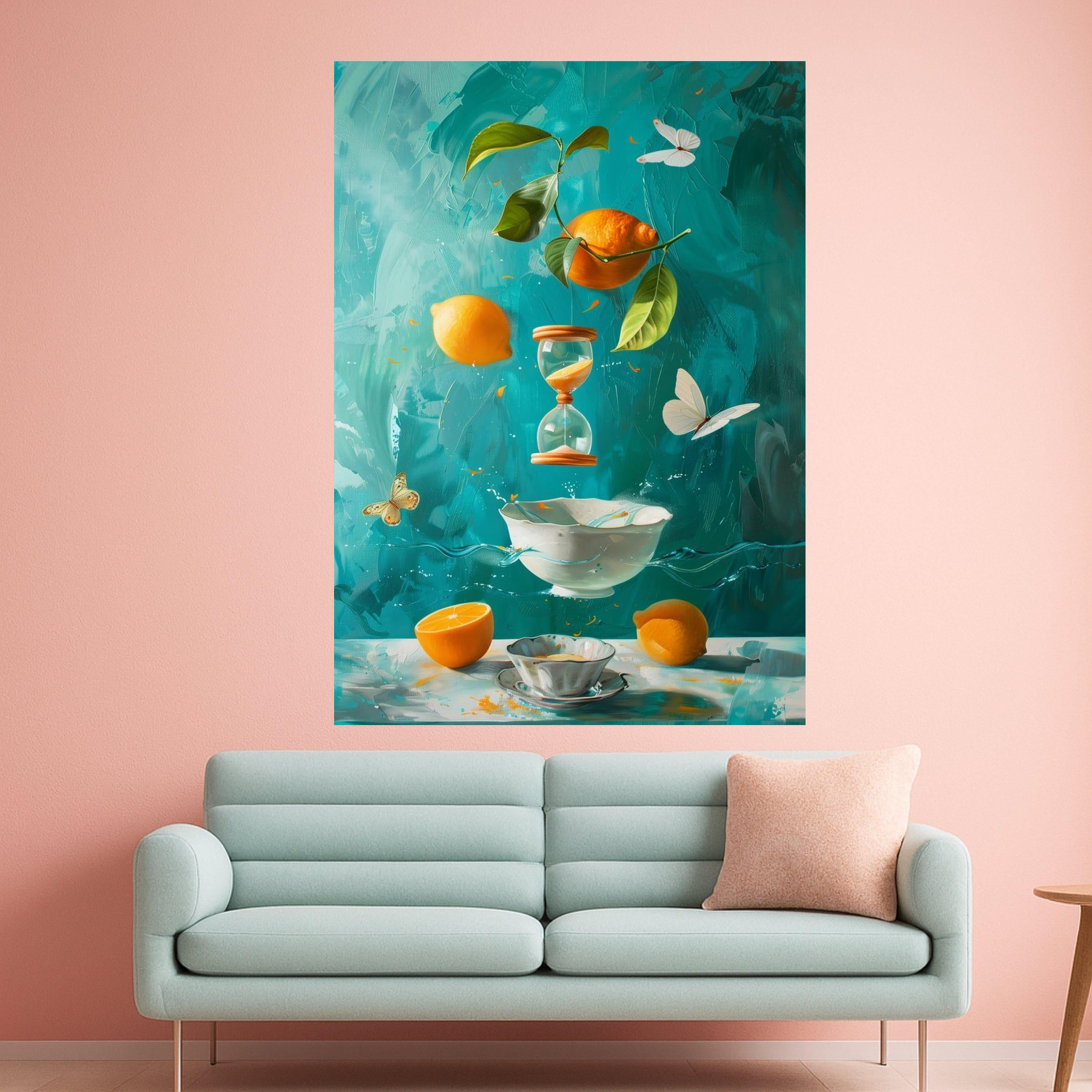 Surreal Citrus Still Life Canvas, Floating Lemons and Hourglass, Butterflies and Porcelain Bowl, Vibrant Blue Kitchen Wall Ready To Hang,