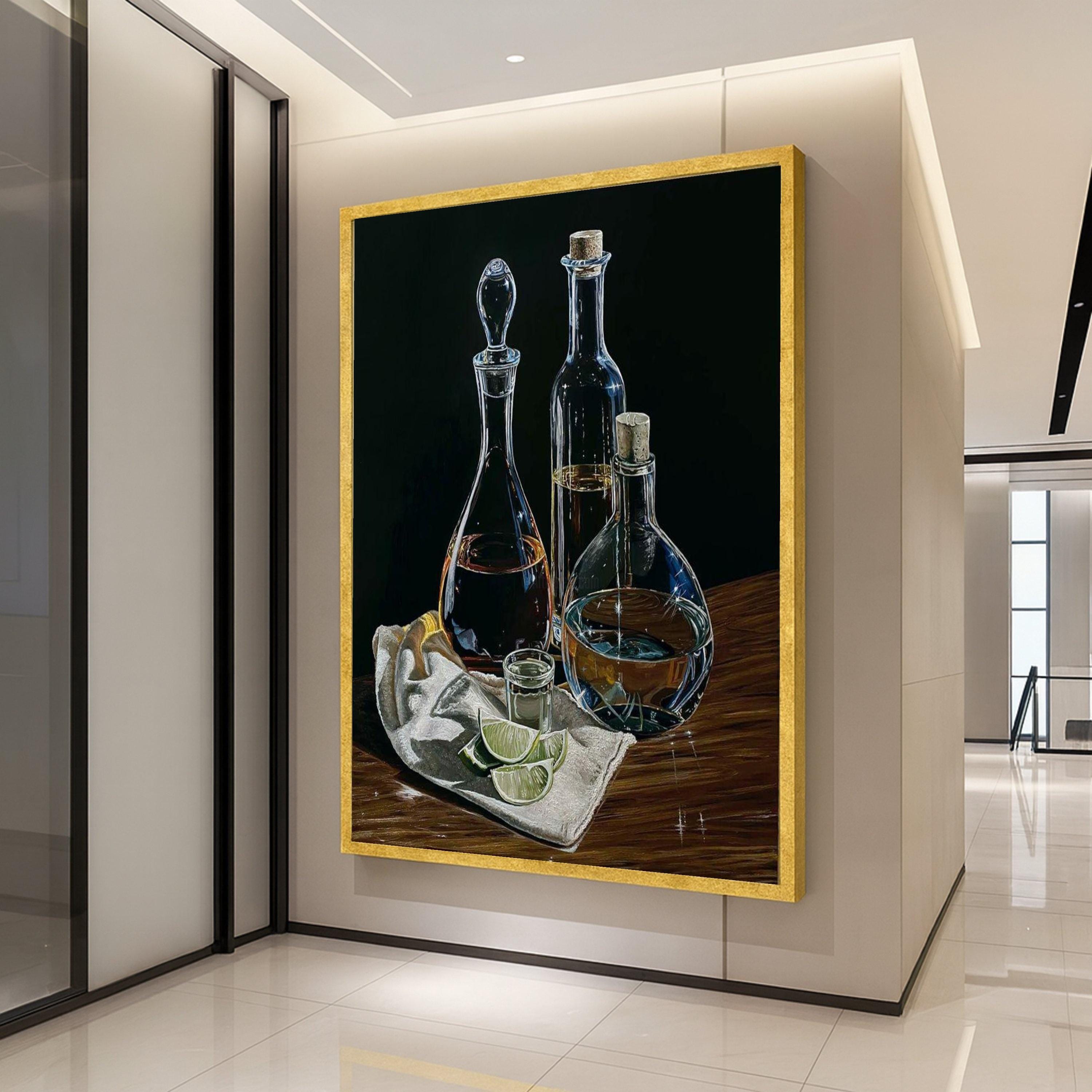 Elegant Glass Bottles with Lime Slices Canvas, Still Life Wall Art, Bar Decor, Beverage Themed Canvas, Kitchen Decoration, Ready To Hang,