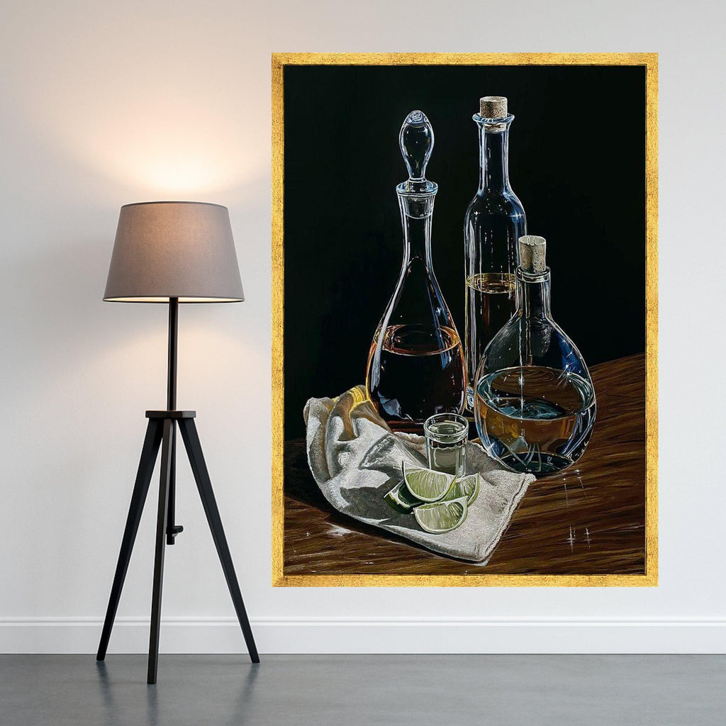 Elegant Glass Bottles with Lime Slices Canvas, Still Life Wall Art, Bar Decor, Beverage Themed Canvas, Kitchen Decoration, Ready To Hang,
