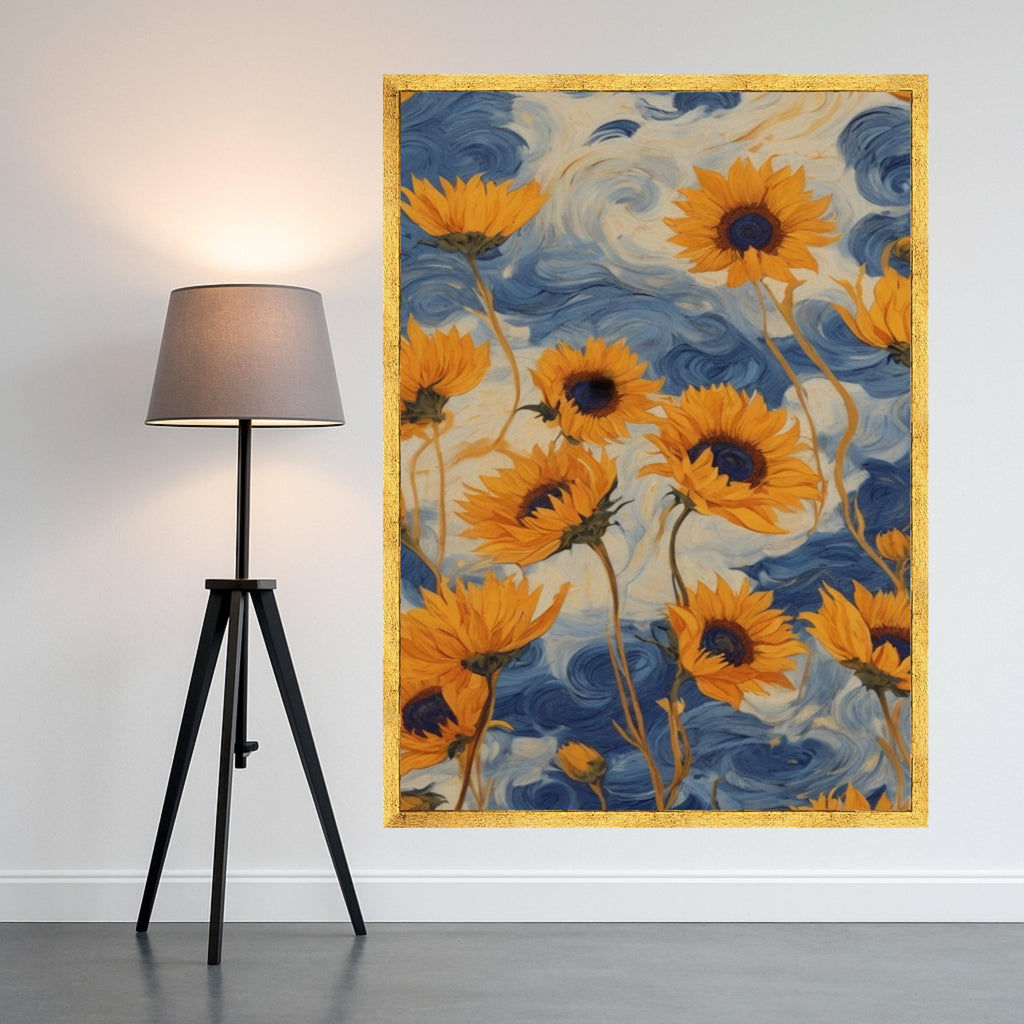 Vibrant Sunflowers Canvas, Blue Swirl Background, Floral Wall Art, Nature Canvas Decor, Bright Yellow Flower Painting, Home Ready To Hang,