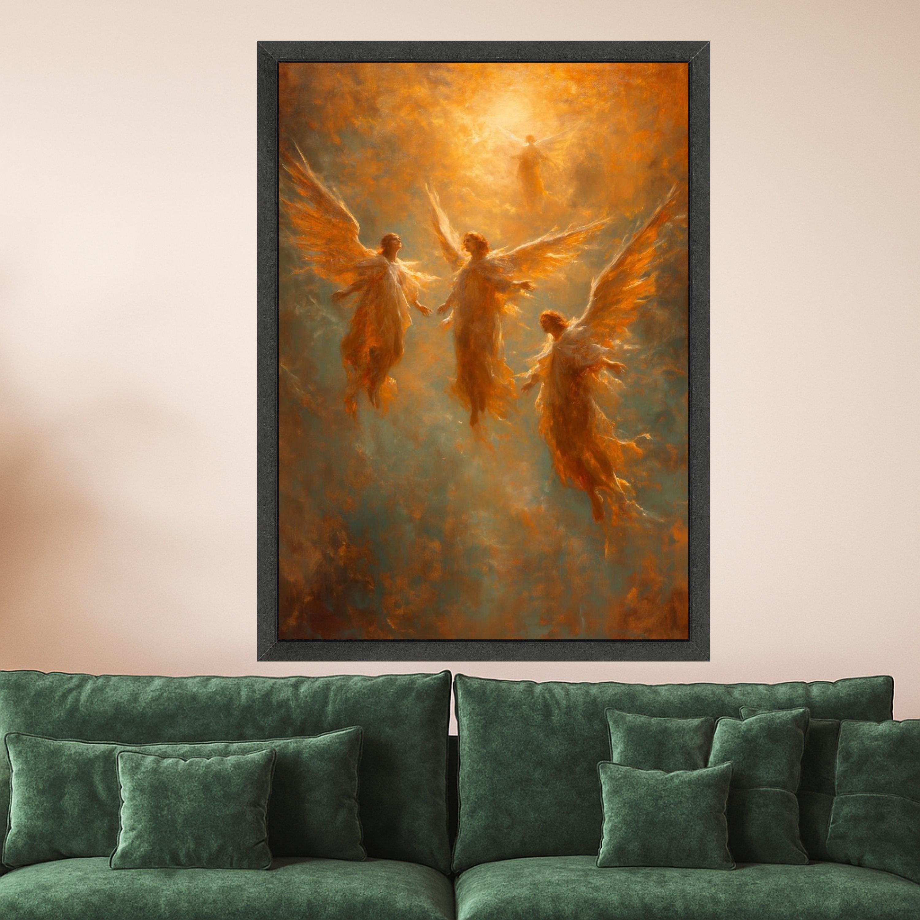 Glowing Angelic Figures Canvas, Heavenly Light Wall Art, Spiritual Abstract Painting, Ethereal Angel Wings Canvas, Ready To Hang,