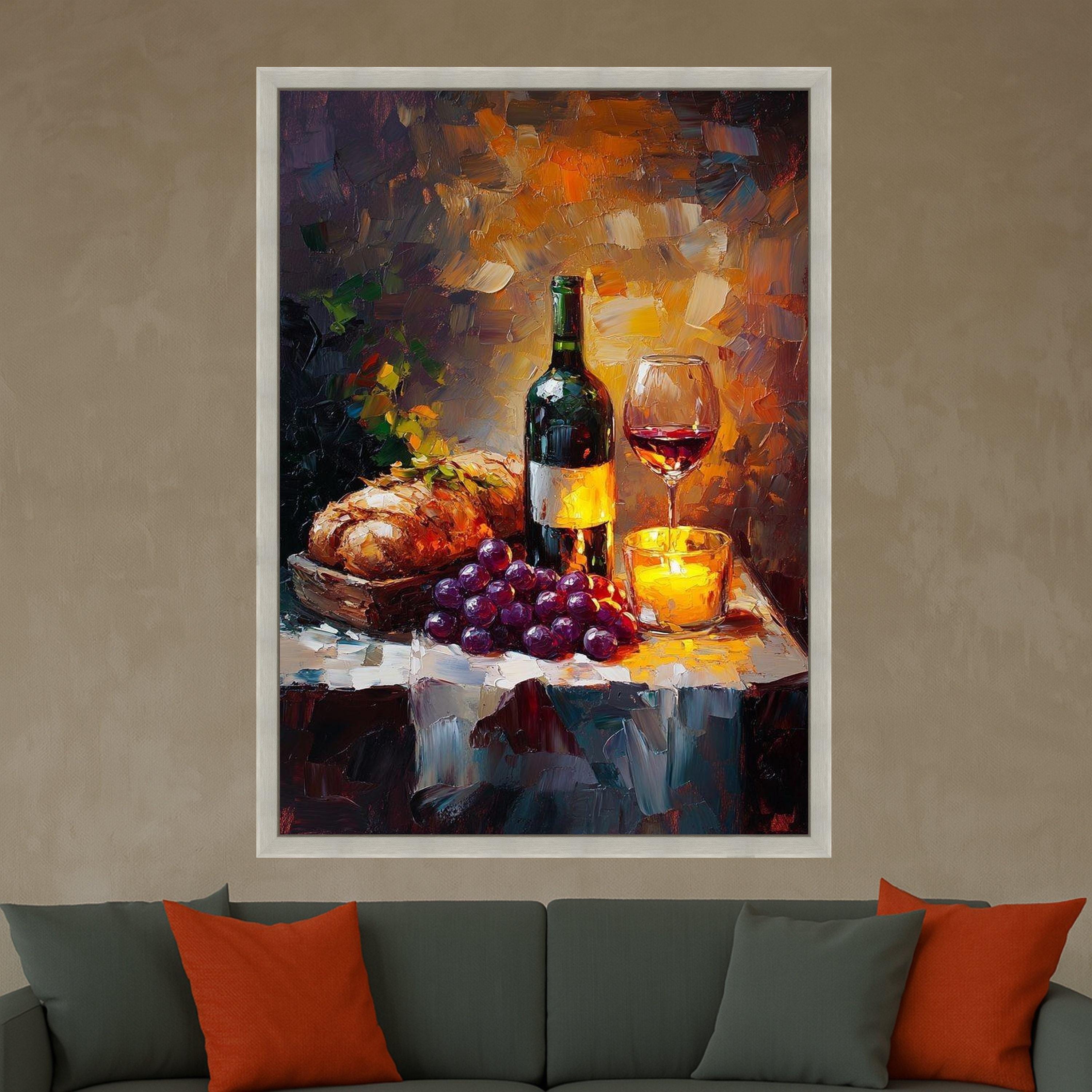 Cozy Wine and Bread Still Life Canvas, Candlelit Table Scene, Grapes and Red Wine Glass, Rustic Kitchen Wall Art, Ready To Hang,