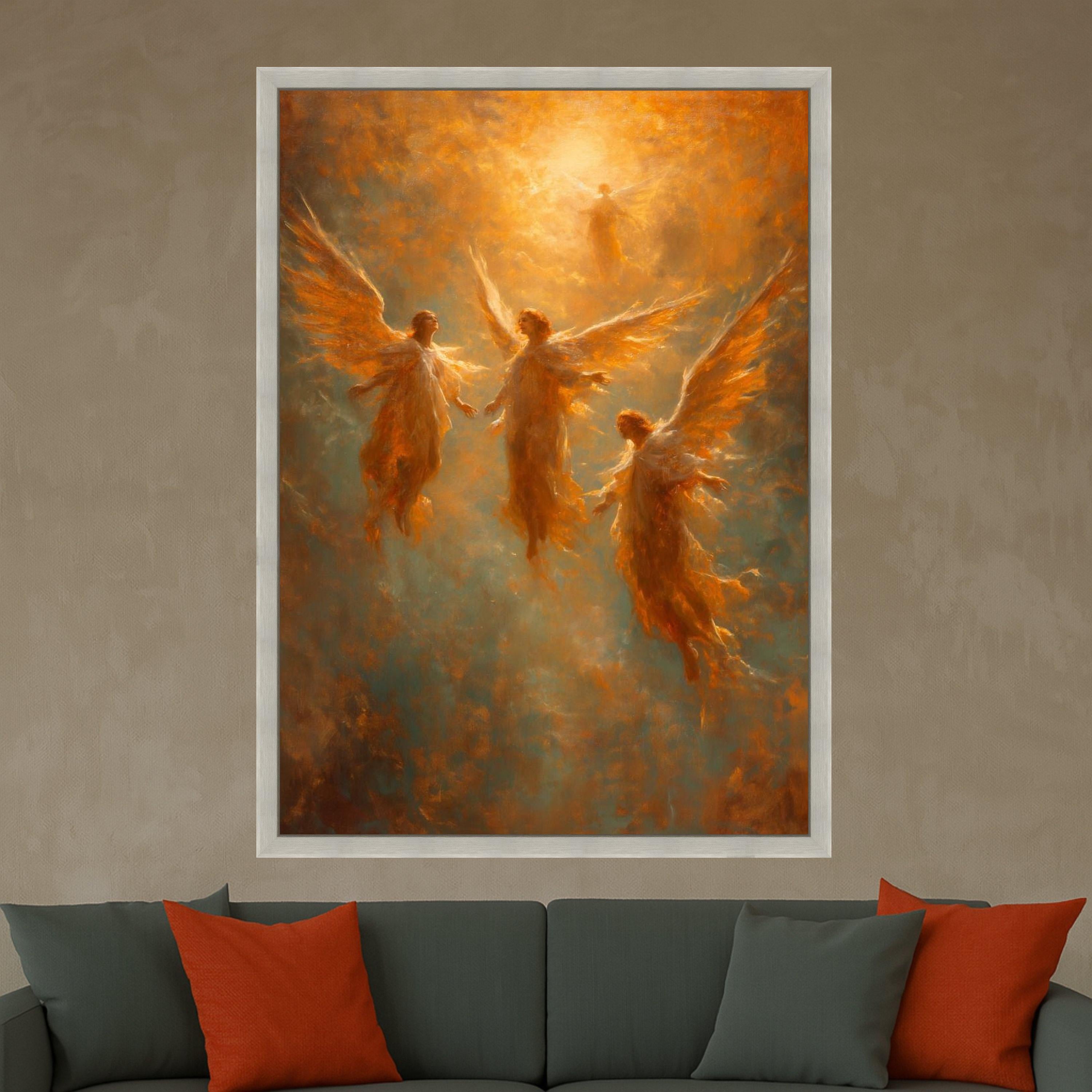 Glowing Angelic Figures Canvas, Heavenly Light Wall Art, Spiritual Abstract Painting, Ethereal Angel Wings Canvas, Ready To Hang,