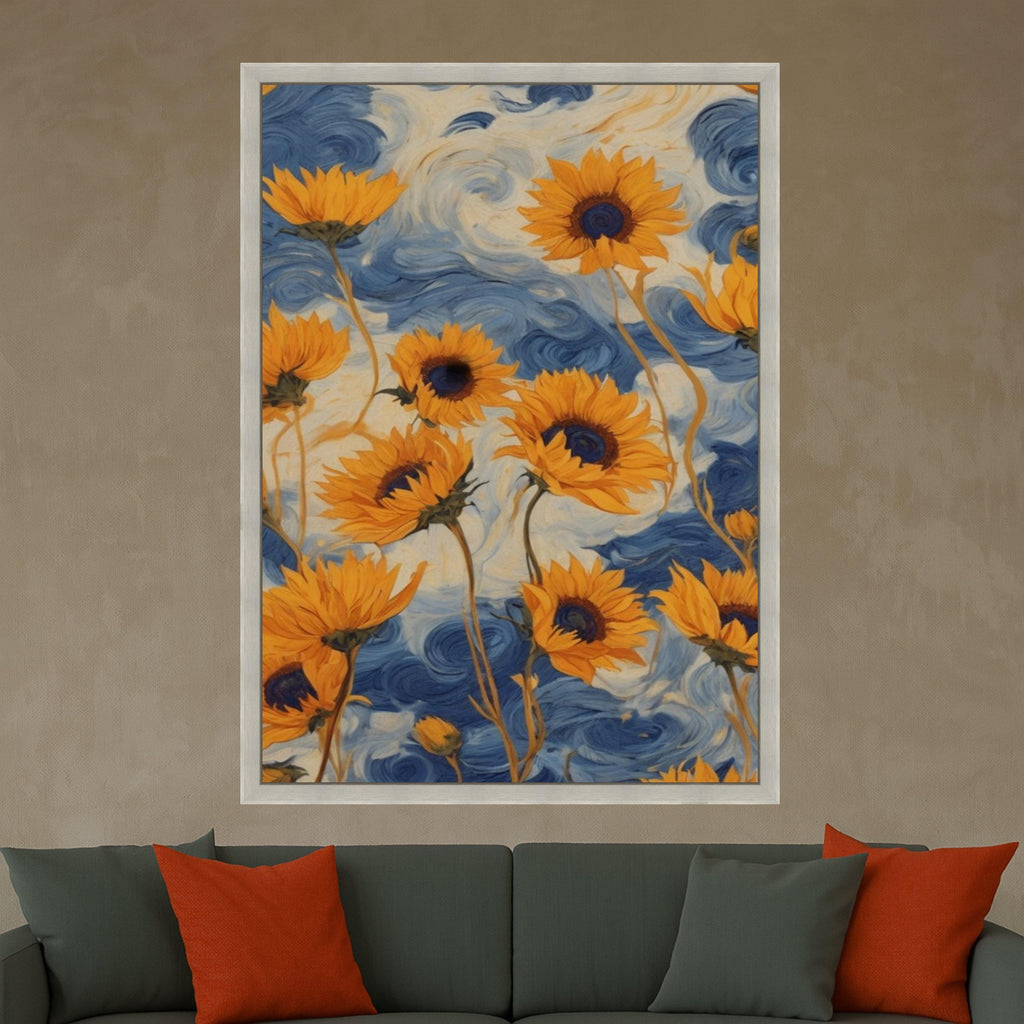Vibrant Sunflowers Canvas, Blue Swirl Background, Floral Wall Art, Nature Canvas Decor, Bright Yellow Flower Painting, Home Ready To Hang,