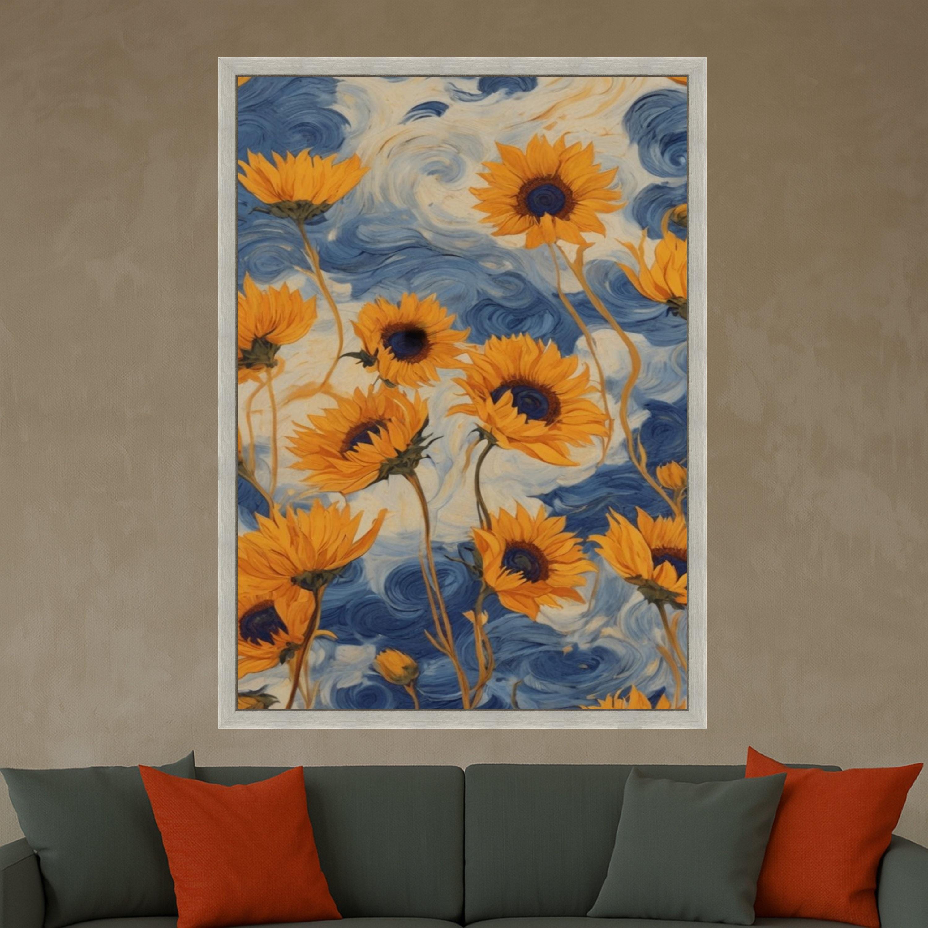 Vibrant Sunflowers Canvas, Blue Swirl Background, Floral Wall Art, Nature Canvas Decor, Bright Yellow Flower Painting, Home Ready To Hang,