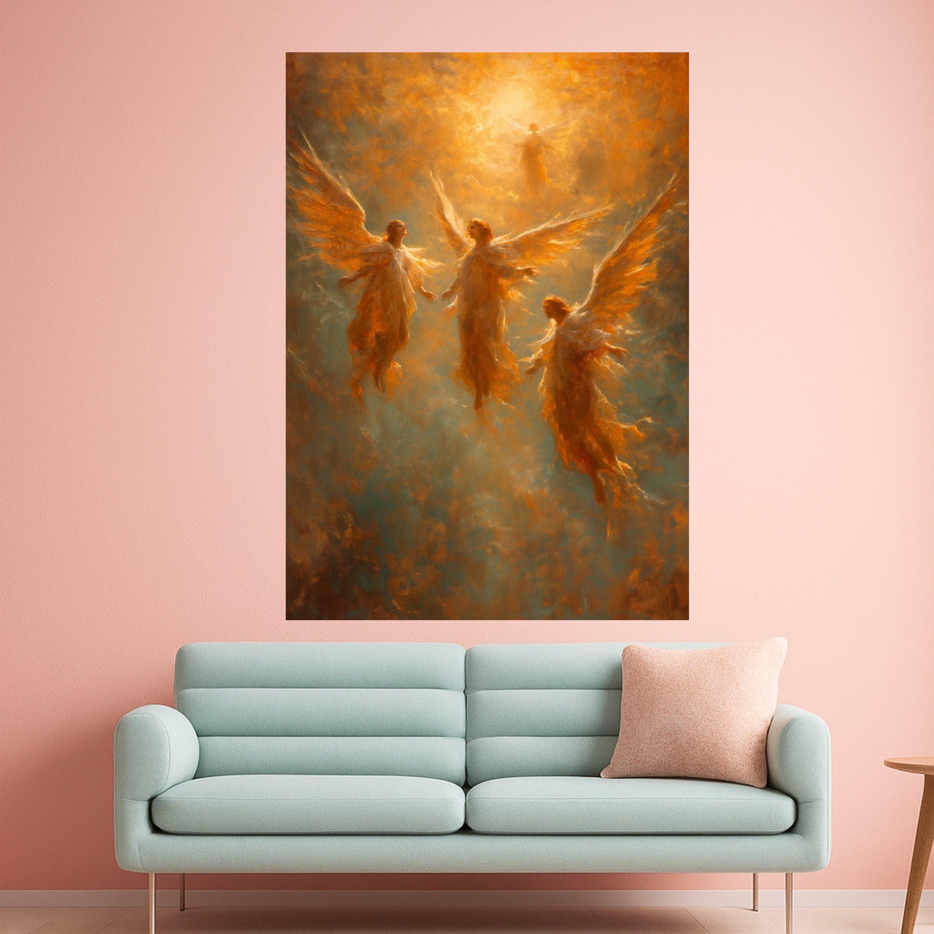 Glowing Angelic Figures Canvas, Heavenly Light Wall Art, Spiritual Abstract Painting, Ethereal Angel Wings Canvas, Ready To Hang,