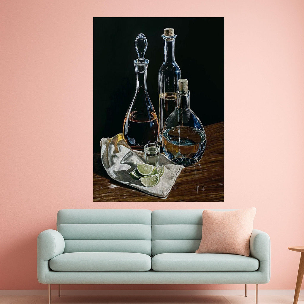 Elegant Glass Bottles with Lime Slices Canvas, Still Life Wall Art, Bar Decor, Beverage Themed Canvas, Kitchen Decoration, Ready To Hang,