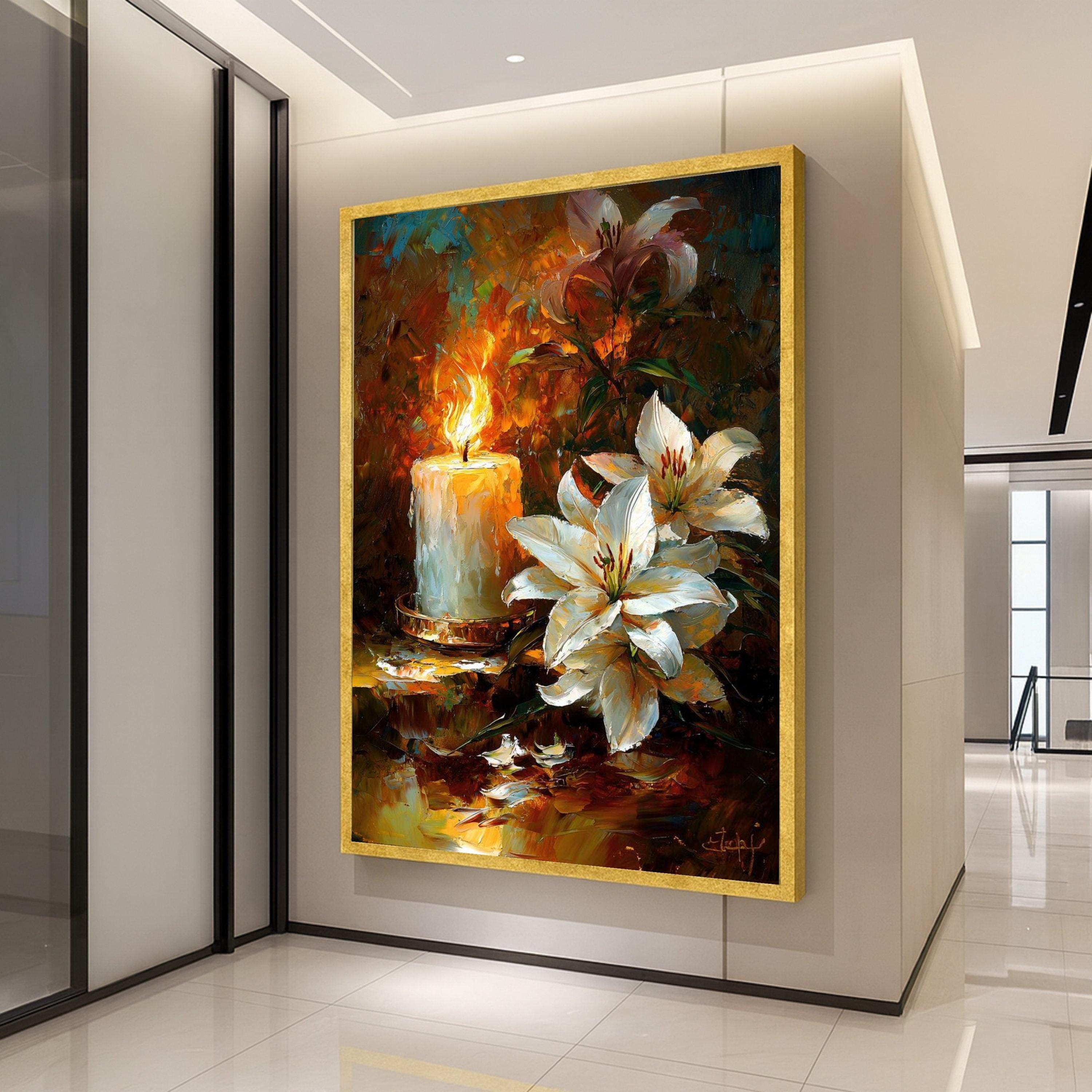 White Lilies and Candle Canvas, Floral Still Life Wall Art, Romantic Home Decoration, Painting Style, Warm Glow Canvas Art Ready To Hang,