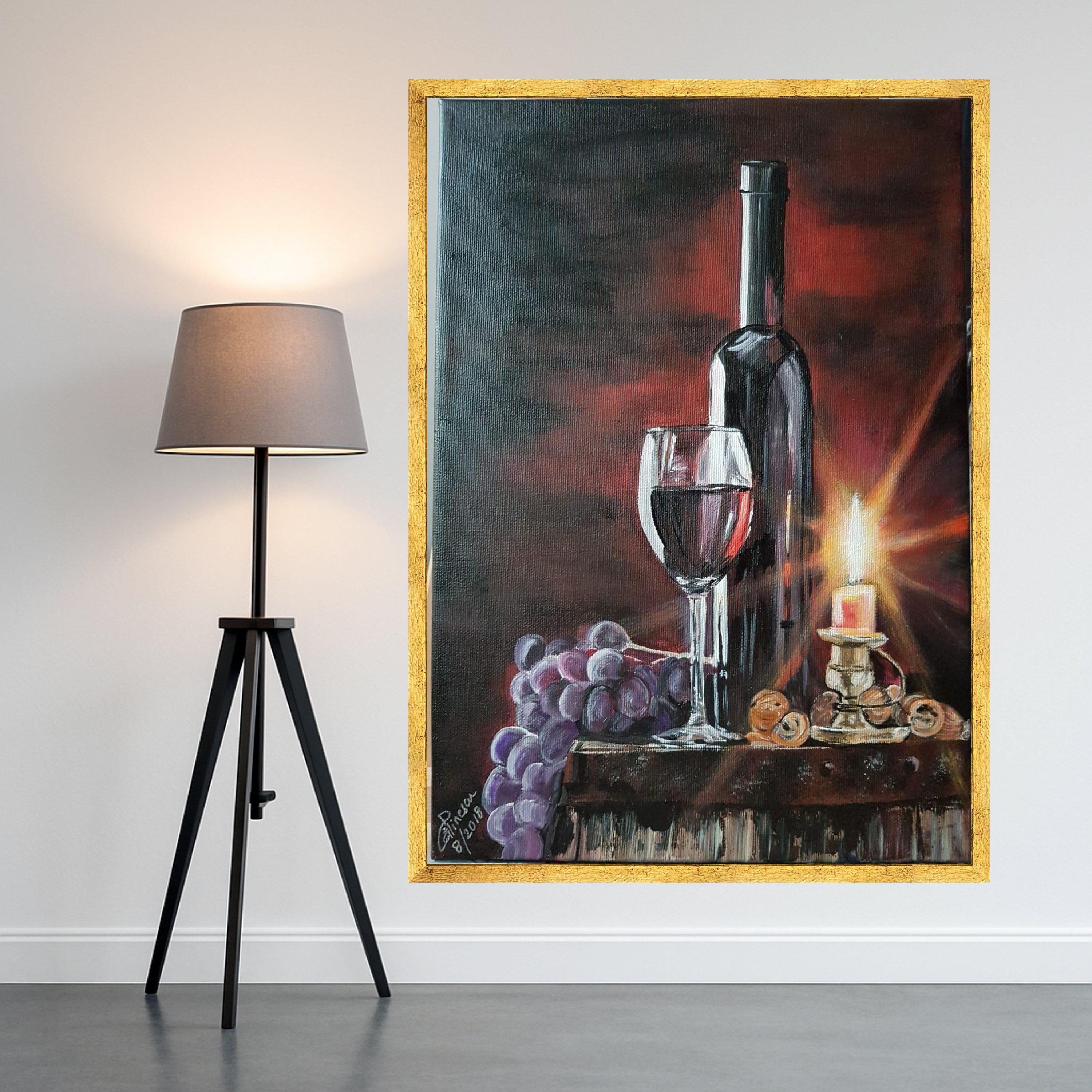 Elegant Wine Still Life Canvas, Red Wine Glass and Bottle, Candlelit Table Scene, Grapes and Nuts Wall Art, Rustic Home Decor Ready To Hang,