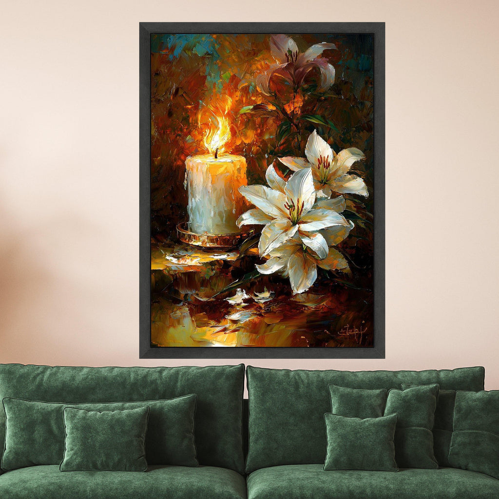 White Lilies and Candle Canvas, Floral Still Life Wall Art, Romantic Home Decoration, Painting Style, Warm Glow Canvas Art Ready To Hang,