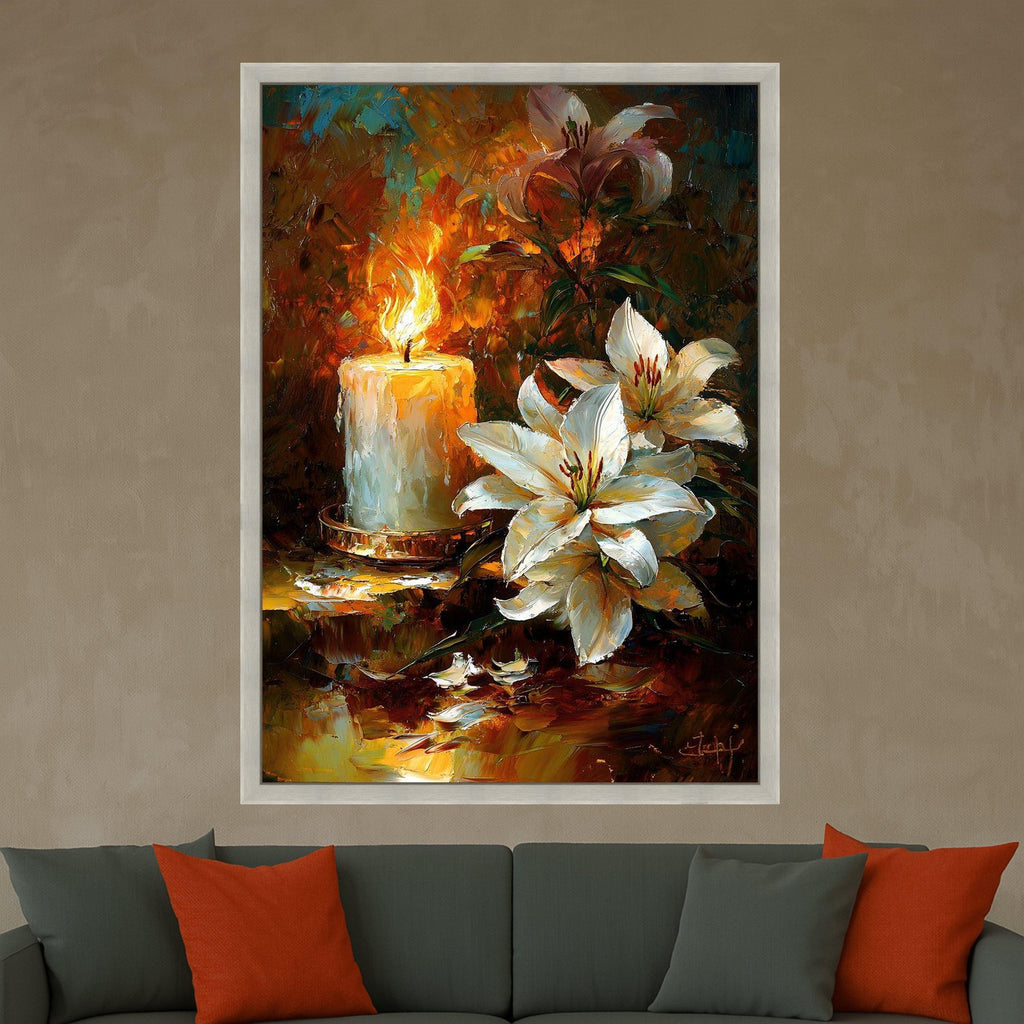 White Lilies and Candle Canvas, Floral Still Life Wall Art, Romantic Home Decoration, Painting Style, Warm Glow Canvas Art Ready To Hang,