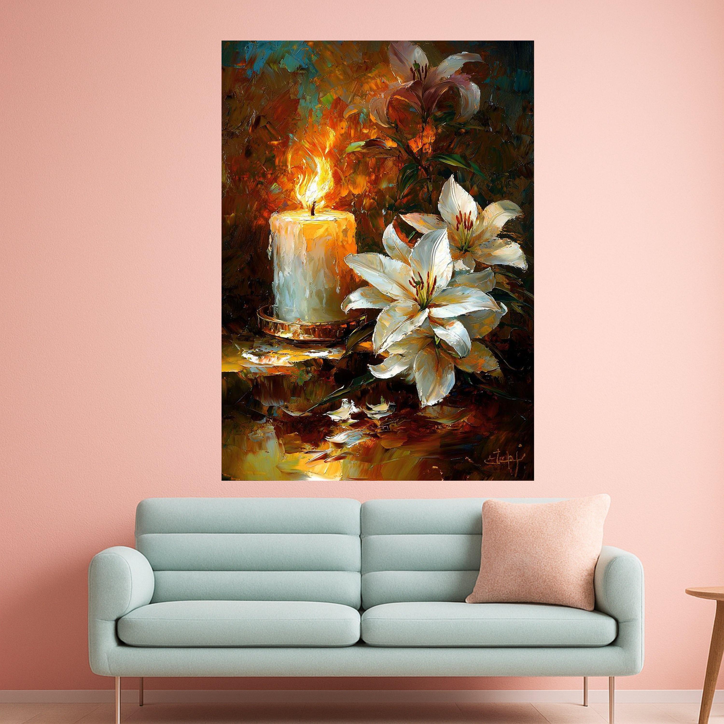 White Lilies and Candle Canvas, Floral Still Life Wall Art, Romantic Home Decoration, Painting Style, Warm Glow Canvas Art Ready To Hang,