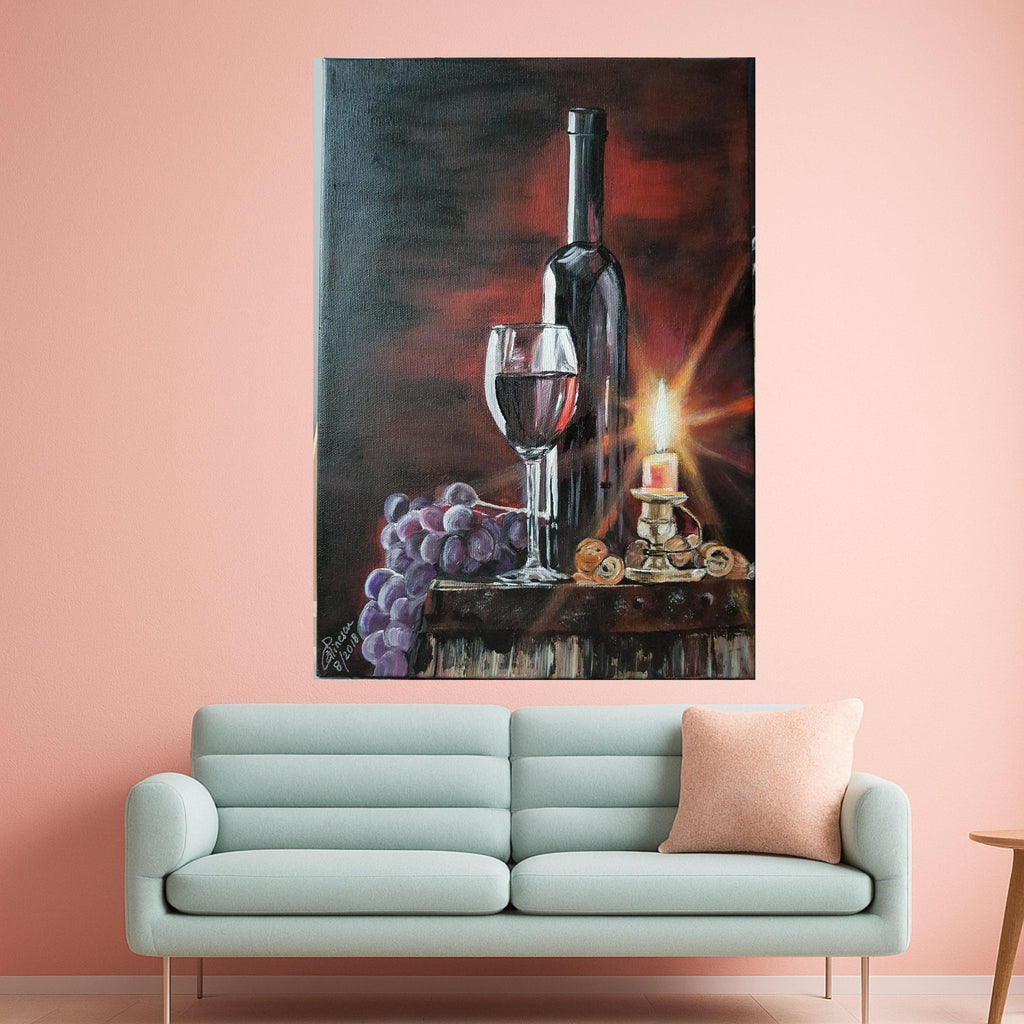 Elegant Wine Still Life Canvas, Red Wine Glass and Bottle, Candlelit Table Scene, Grapes and Nuts Wall Art, Rustic Home Decor Ready To Hang,