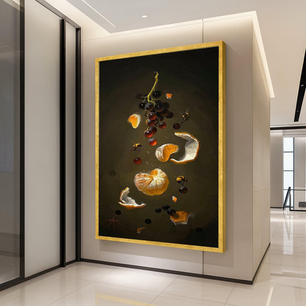 Still Life Citrus and Grapes Canvas, Honey Bees Artwork, Botanical Wall Art, Dark Background Canvas, Modern Home Decor, Ready Ready To Hang,