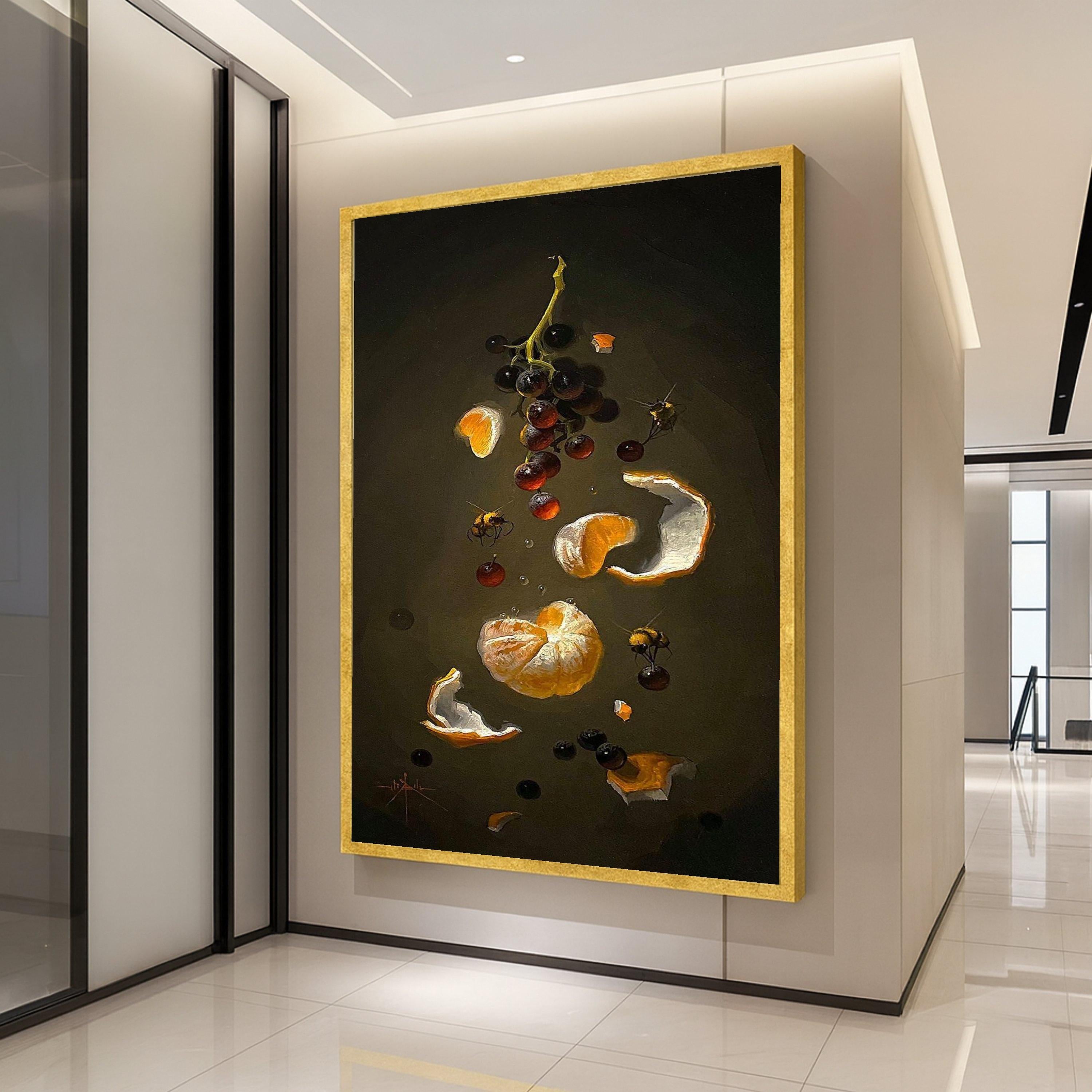 Still Life Citrus and Grapes Canvas, Honey Bees Artwork, Botanical Wall Art, Dark Background Canvas, Modern Home Decor, Ready Ready To Hang,