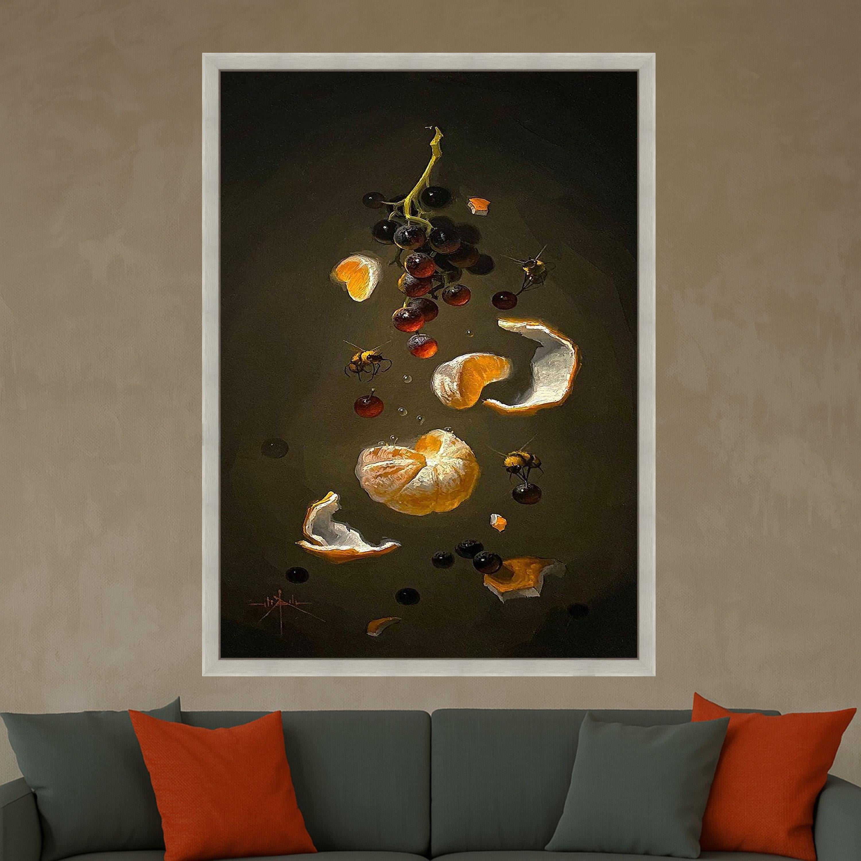 Still Life Citrus and Grapes Canvas, Honey Bees Artwork, Botanical Wall Art, Dark Background Canvas, Modern Home Decor, Ready Ready To Hang,