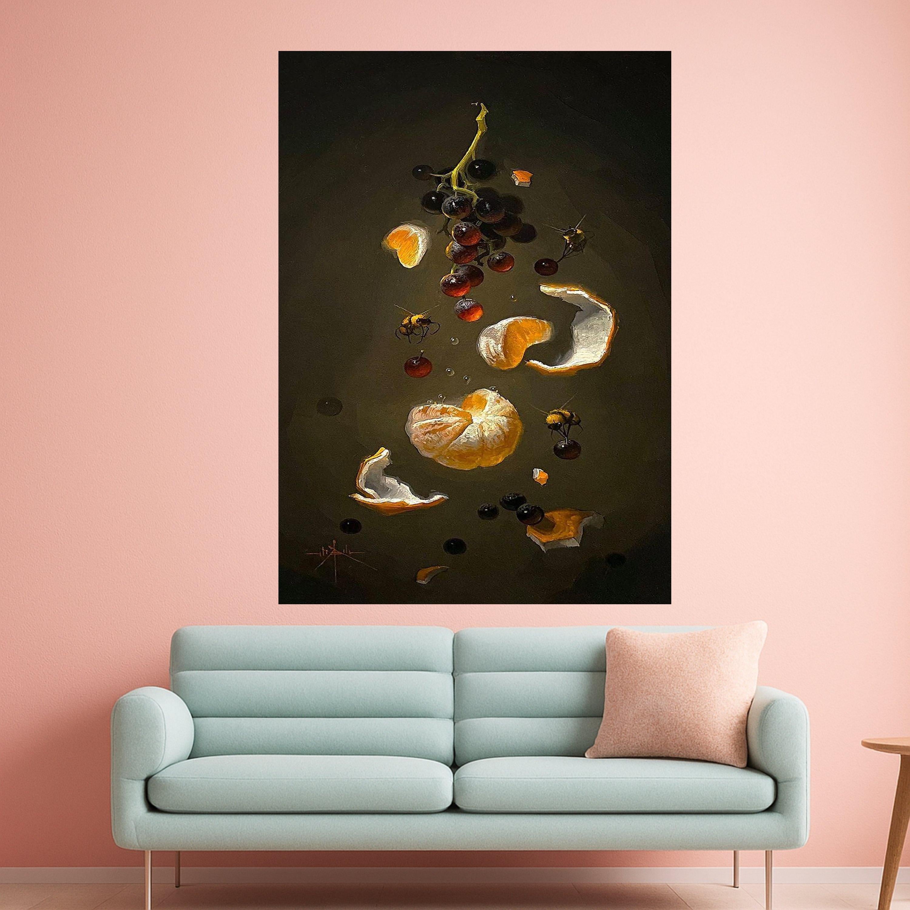 Still Life Citrus and Grapes Canvas, Honey Bees Artwork, Botanical Wall Art, Dark Background Canvas, Modern Home Decor, Ready Ready To Hang,