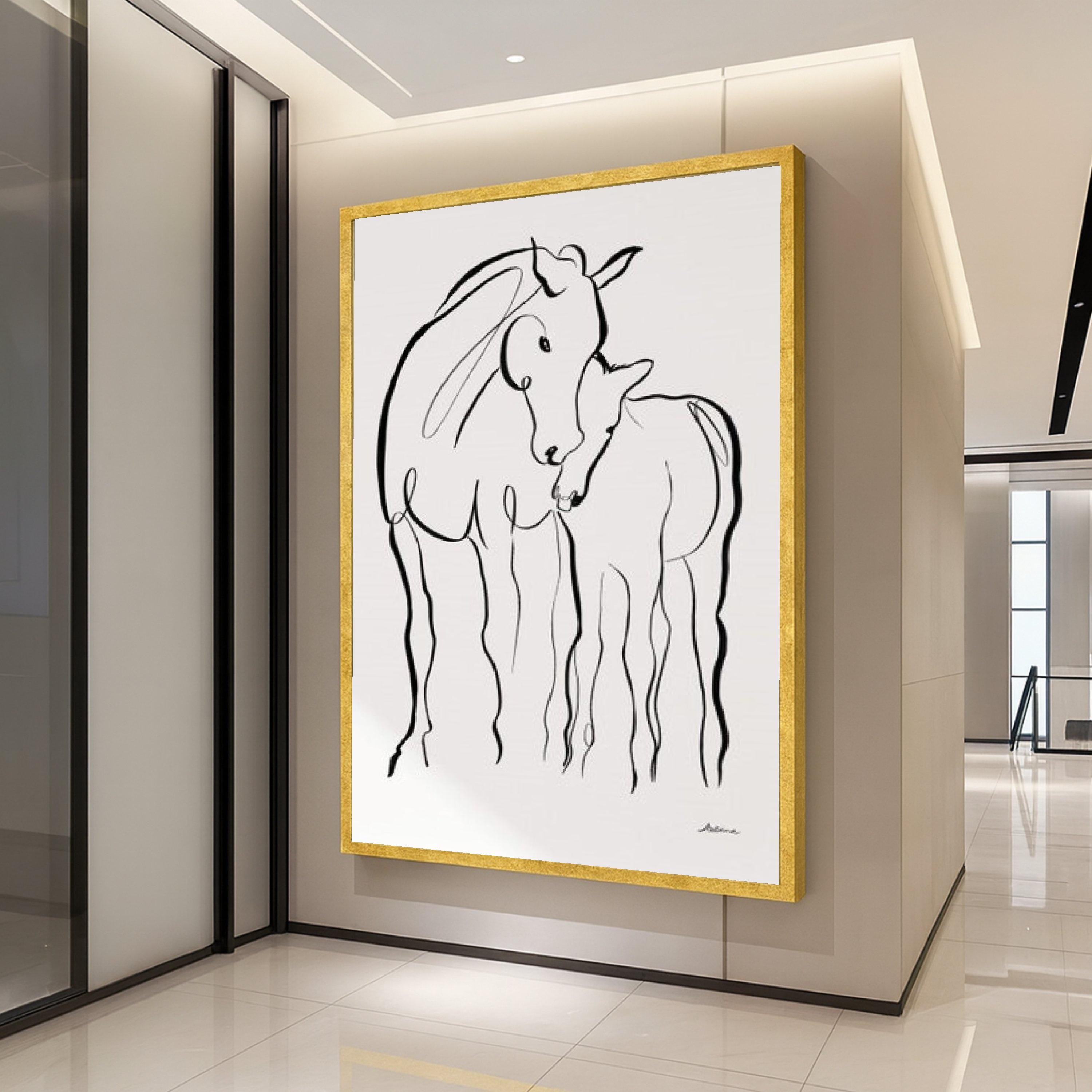 Minimalist Horses Line Art Canvas, Mother and Foal Wall Art, Black and White Animal Illustration, Modern Abstract Canvas, Ready To Hang,