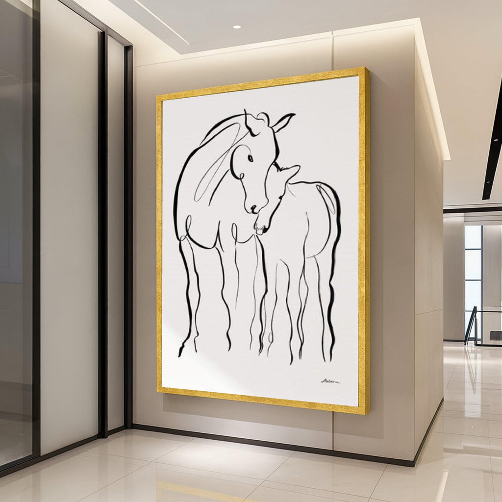 Minimalist Horses Line Art Canvas, Mother and Foal Wall Art, Black and White Animal Illustration, Modern Abstract Canvas, Ready To Hang,