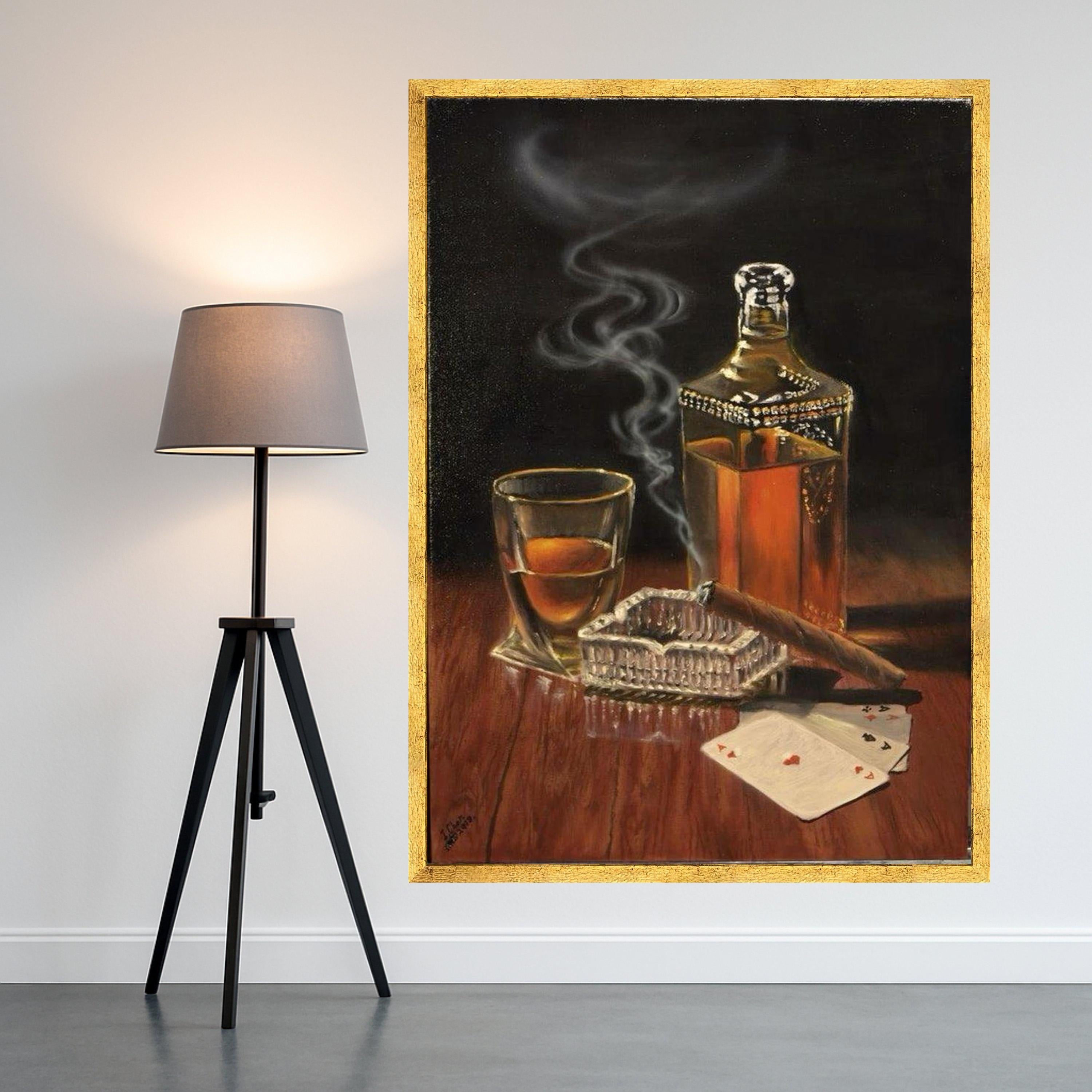 Classic Whiskey and Cigar Still Life Canvas, Vintage Liquor Bottle Wall Art, Smoking Cigar with Playing Cards, Rustic Bar Ready To Hang,