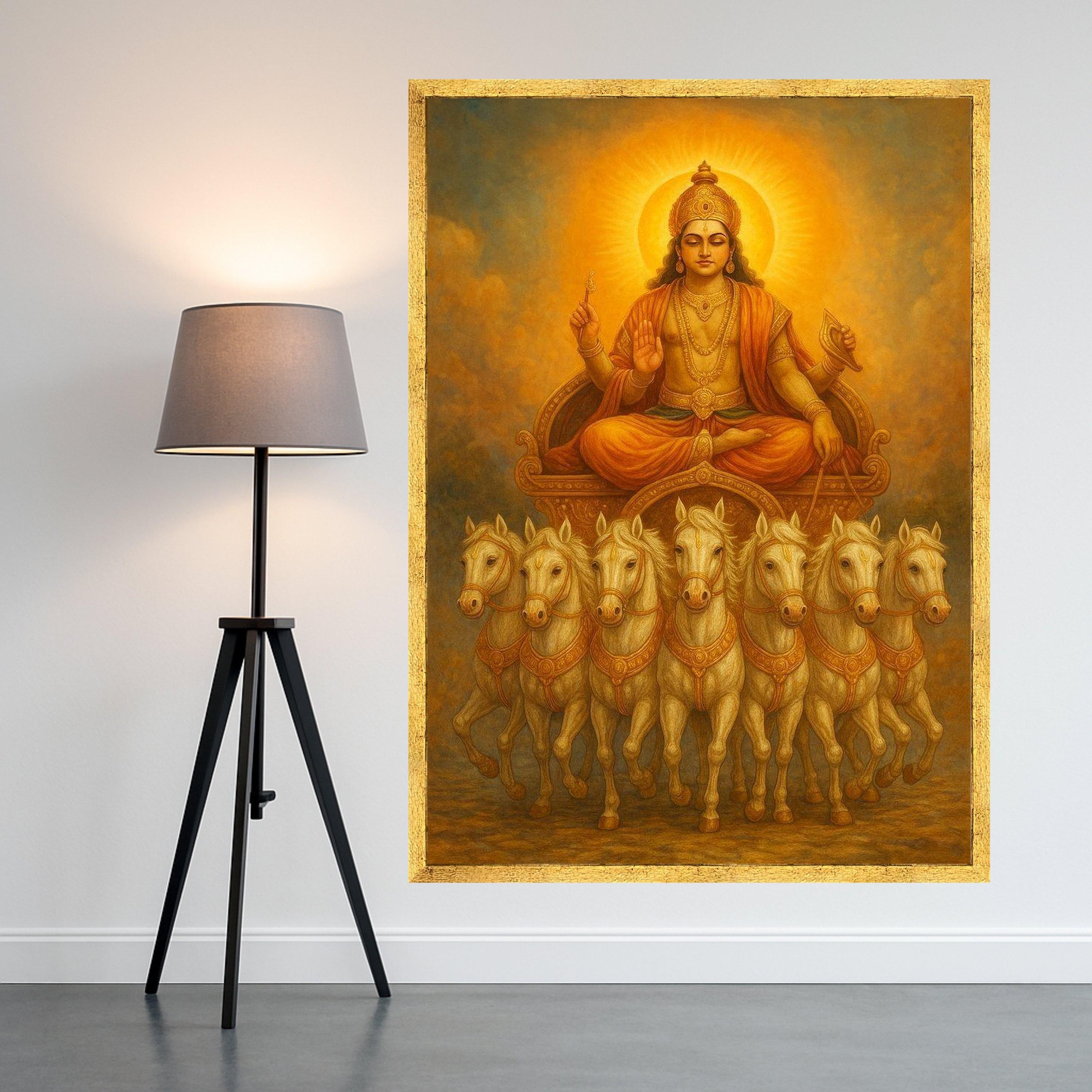 Hindu Sun God Surya Canvas, Spiritual Chariot Wall Art, Mythological Indian Art, Golden Divine Decoration, Meditation Home Ready To Hang,