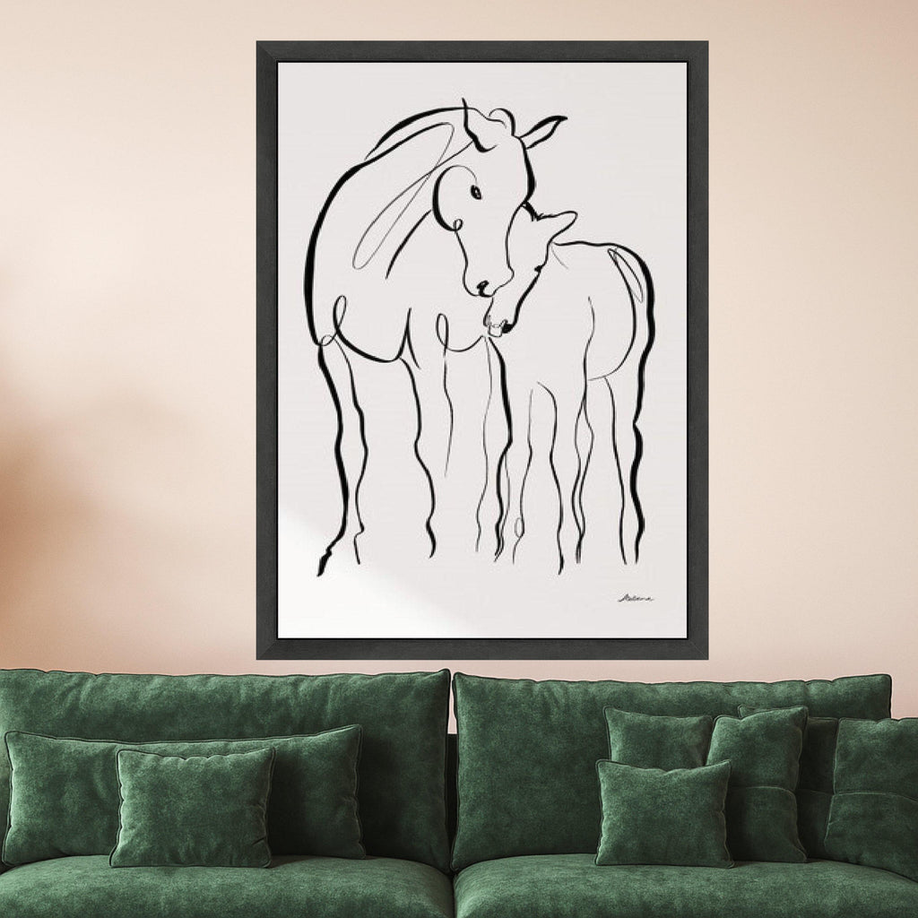 Minimalist Horses Line Art Canvas, Mother and Foal Wall Art, Black and White Animal Illustration, Modern Abstract Canvas, Ready To Hang,
