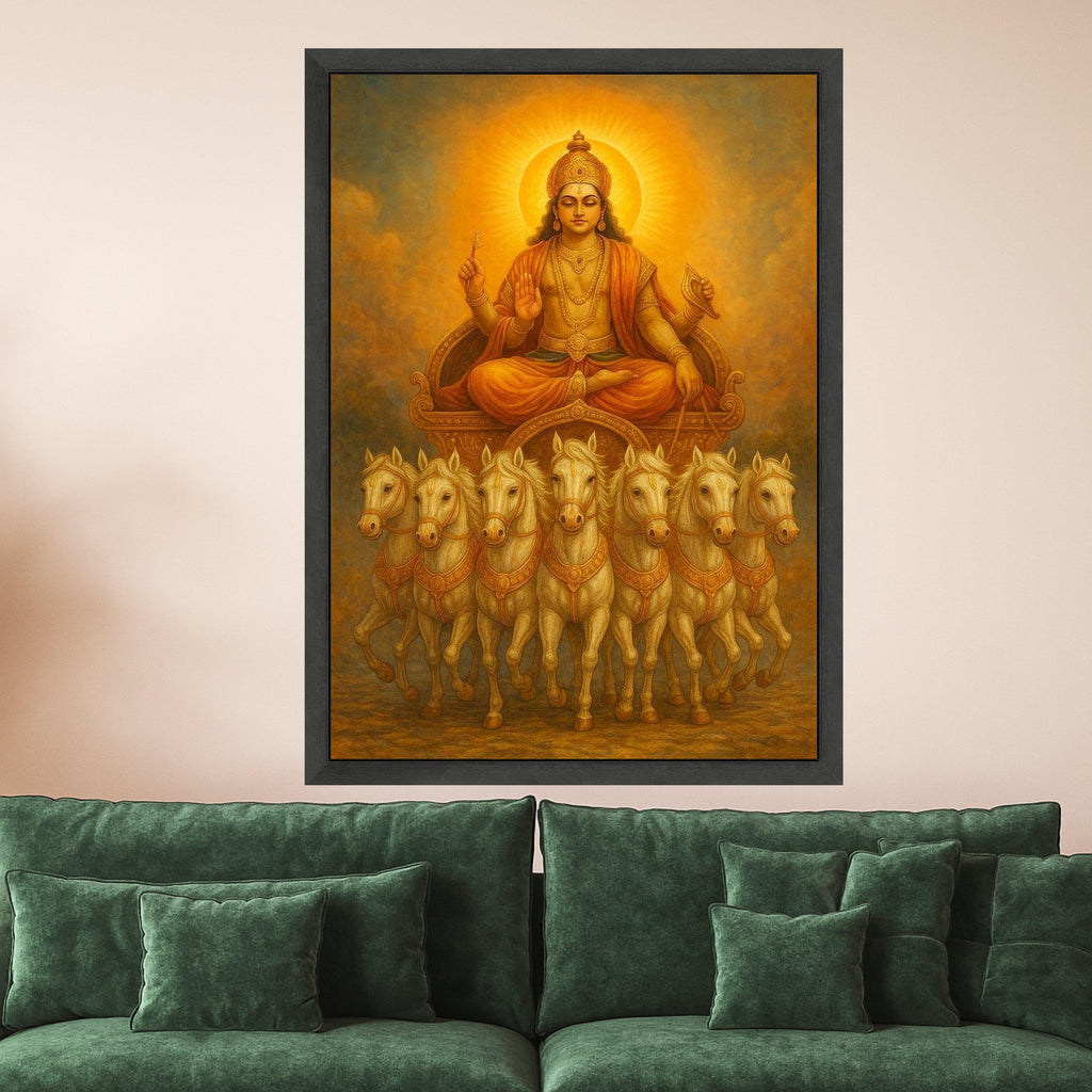 Hindu Sun God Surya Canvas, Spiritual Chariot Wall Art, Mythological Indian Art, Golden Divine Decoration, Meditation Home Ready To Hang,