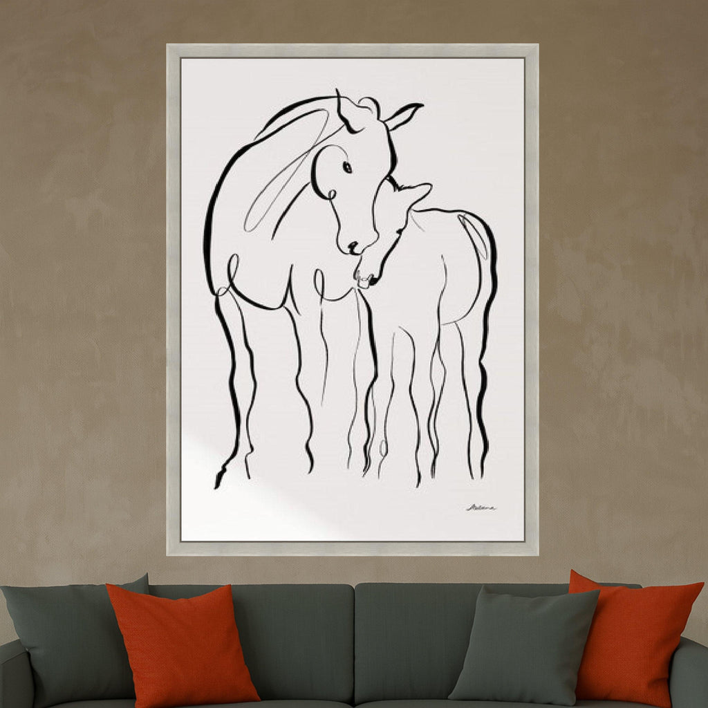 Minimalist Horses Line Art Canvas, Mother and Foal Wall Art, Black and White Animal Illustration, Modern Abstract Canvas, Ready To Hang,