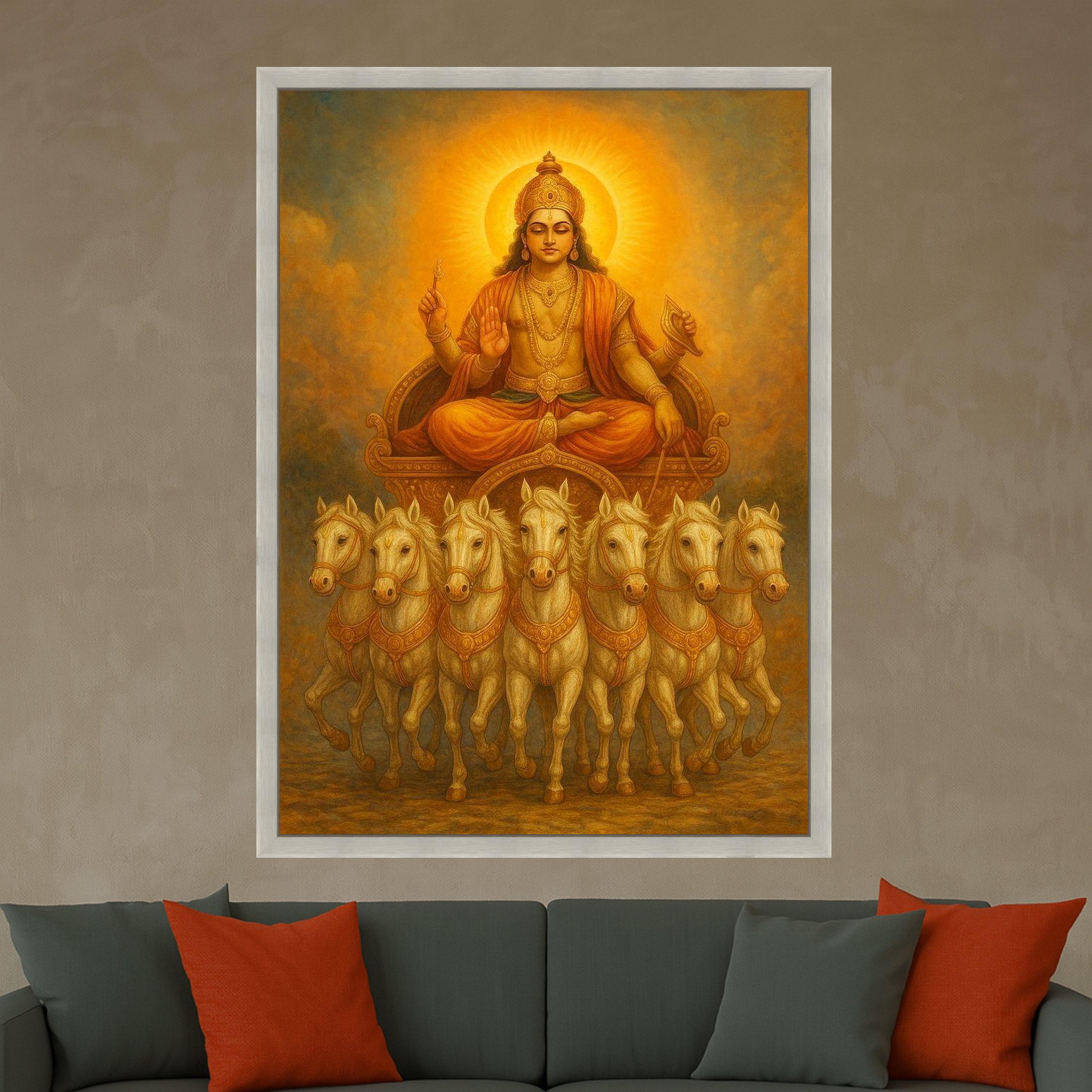 Hindu Sun God Surya Canvas, Spiritual Chariot Wall Art, Mythological Indian Art, Golden Divine Decoration, Meditation Home Ready To Hang,