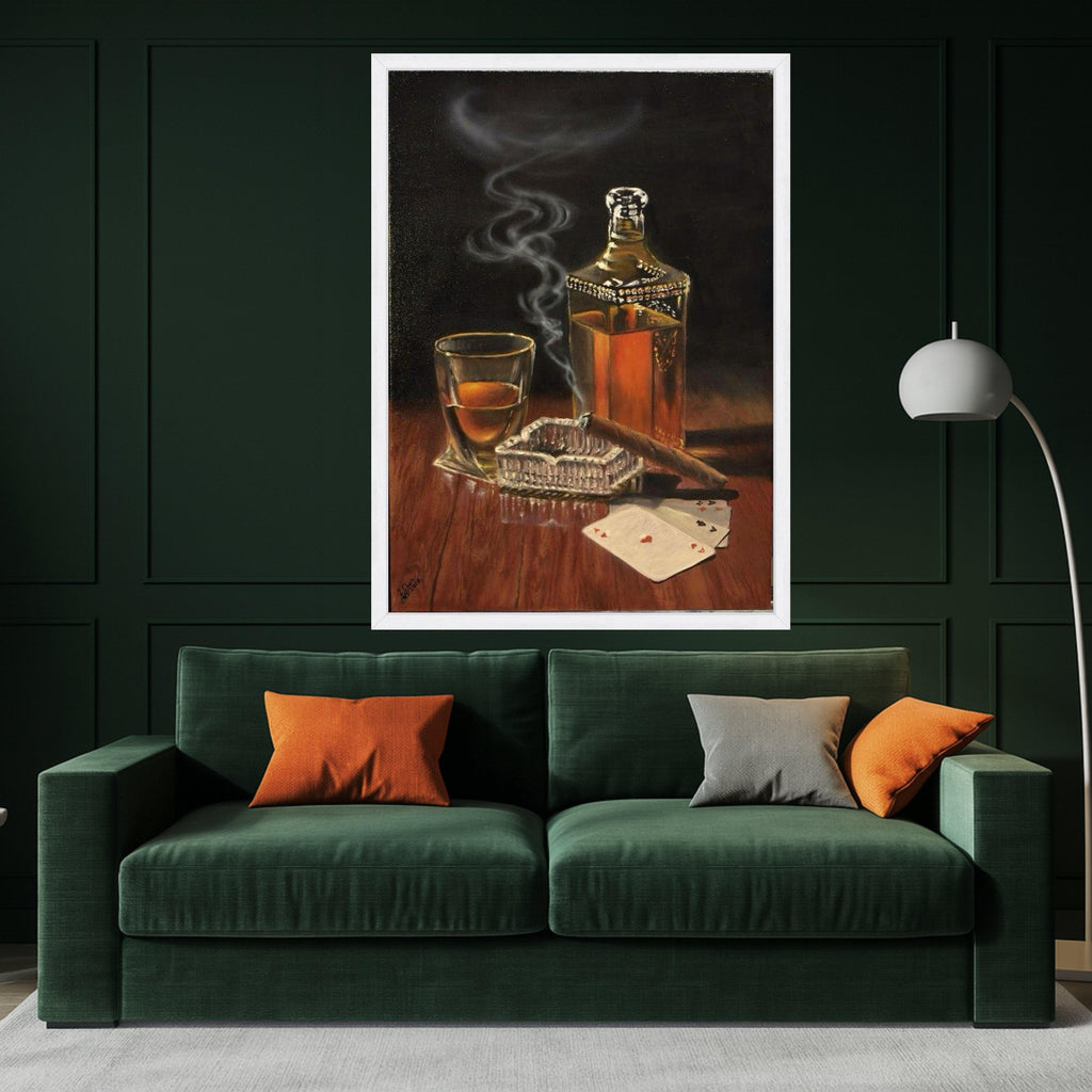 Classic Whiskey and Cigar Still Life Canvas, Vintage Liquor Bottle Wall Art, Smoking Cigar with Playing Cards, Rustic Bar Ready To Hang,