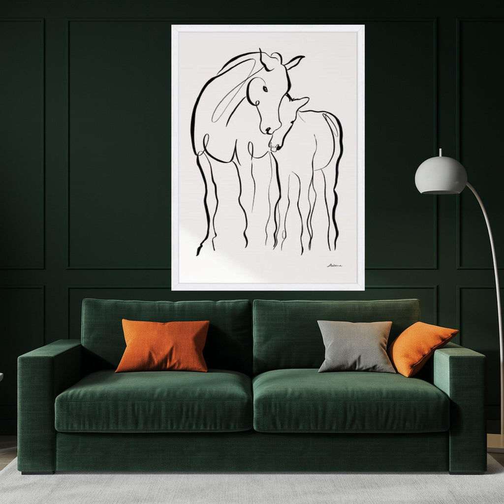 Minimalist Horses Line Art Canvas, Mother and Foal Wall Art, Black and White Animal Illustration, Modern Abstract Canvas, Ready To Hang,