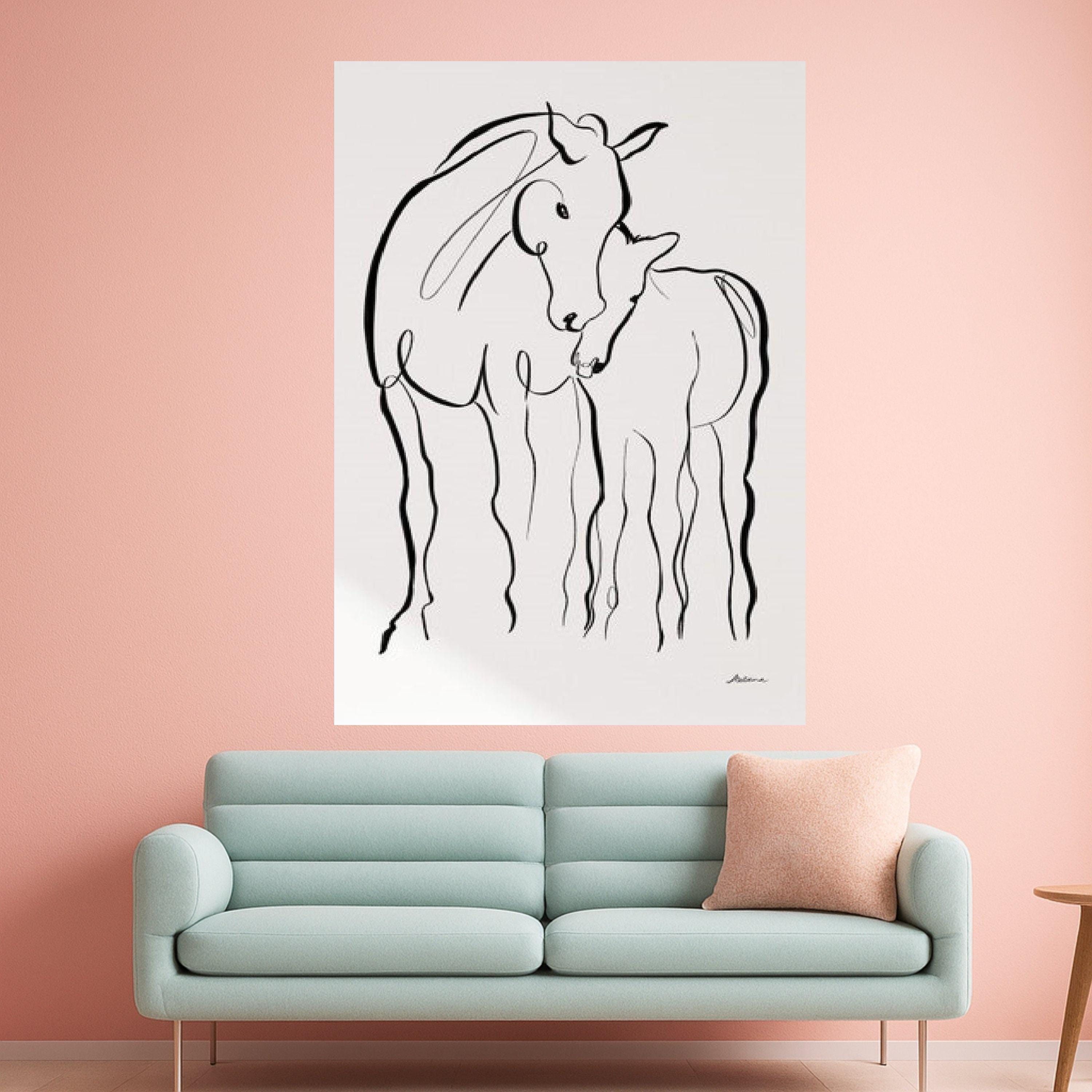 Minimalist Horses Line Art Canvas, Mother and Foal Wall Art, Black and White Animal Illustration, Modern Abstract Canvas, Ready To Hang,