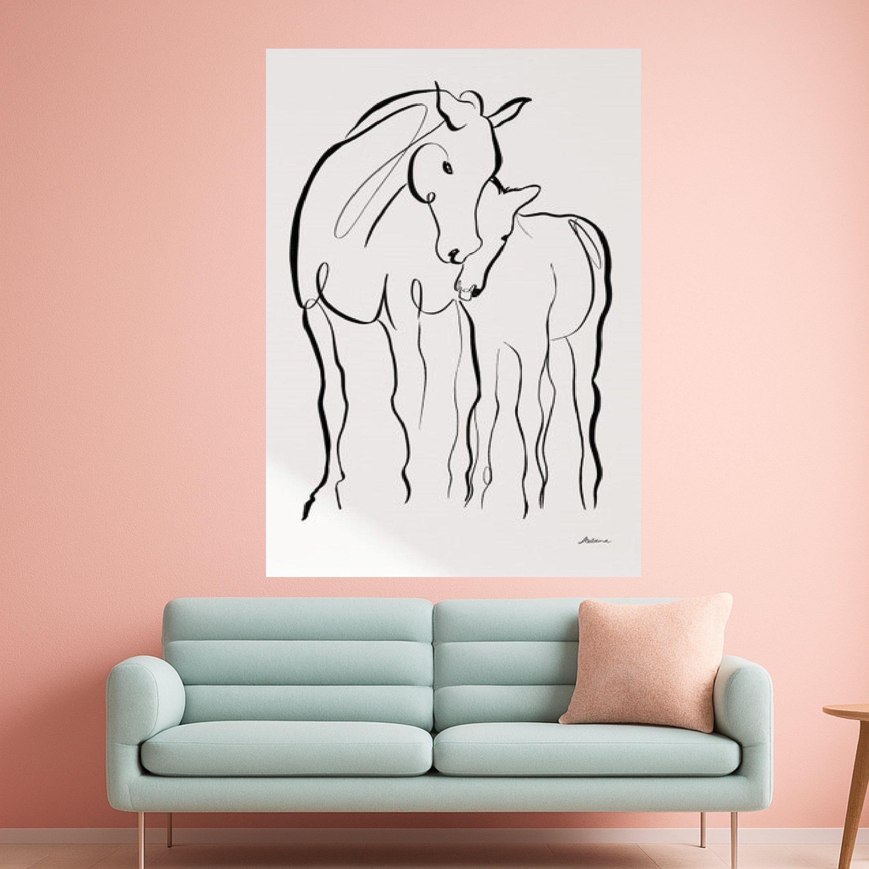 Minimalist Horses Line Art Canvas, Mother and Foal Wall Art, Black and White Animal Illustration, Modern Abstract Canvas, Ready To Hang,