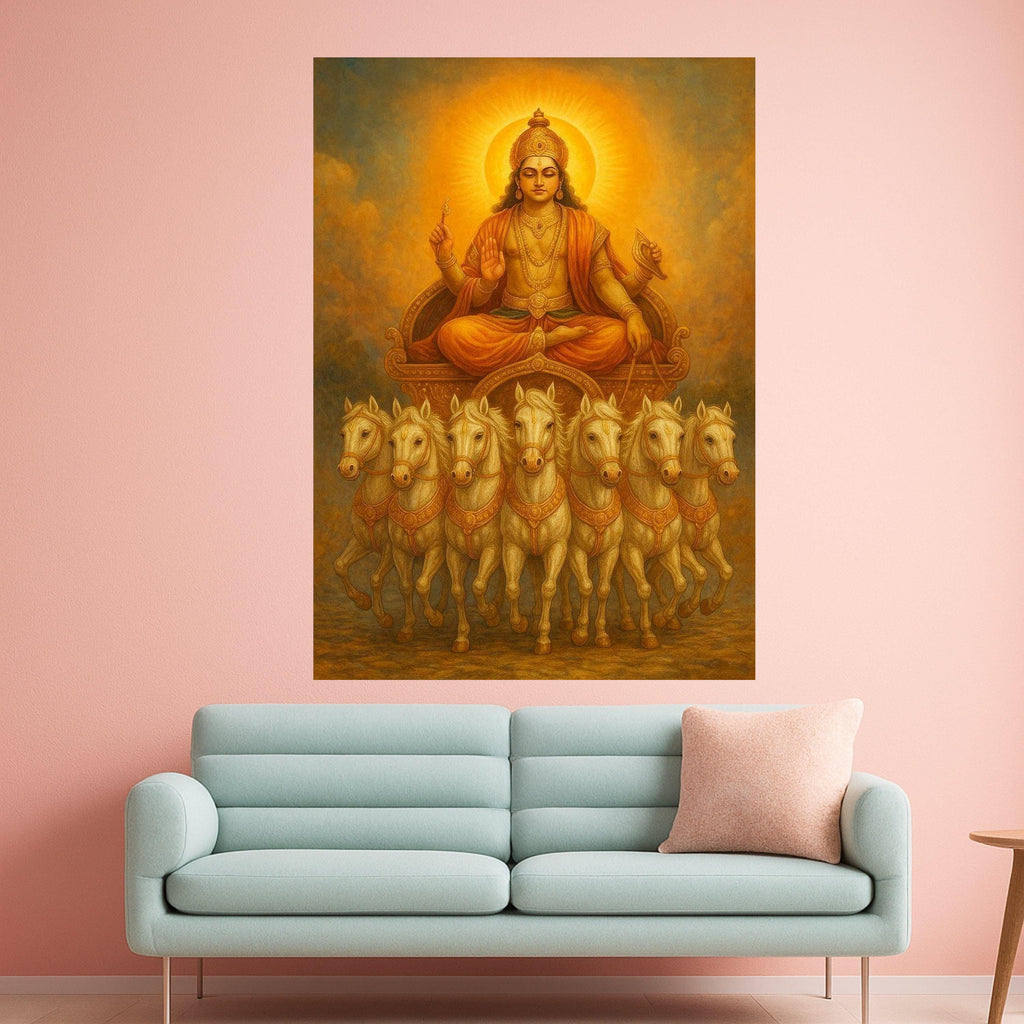 Hindu Sun God Surya Canvas, Spiritual Chariot Wall Art, Mythological Indian Art, Golden Divine Decoration, Meditation Home Ready To Hang,