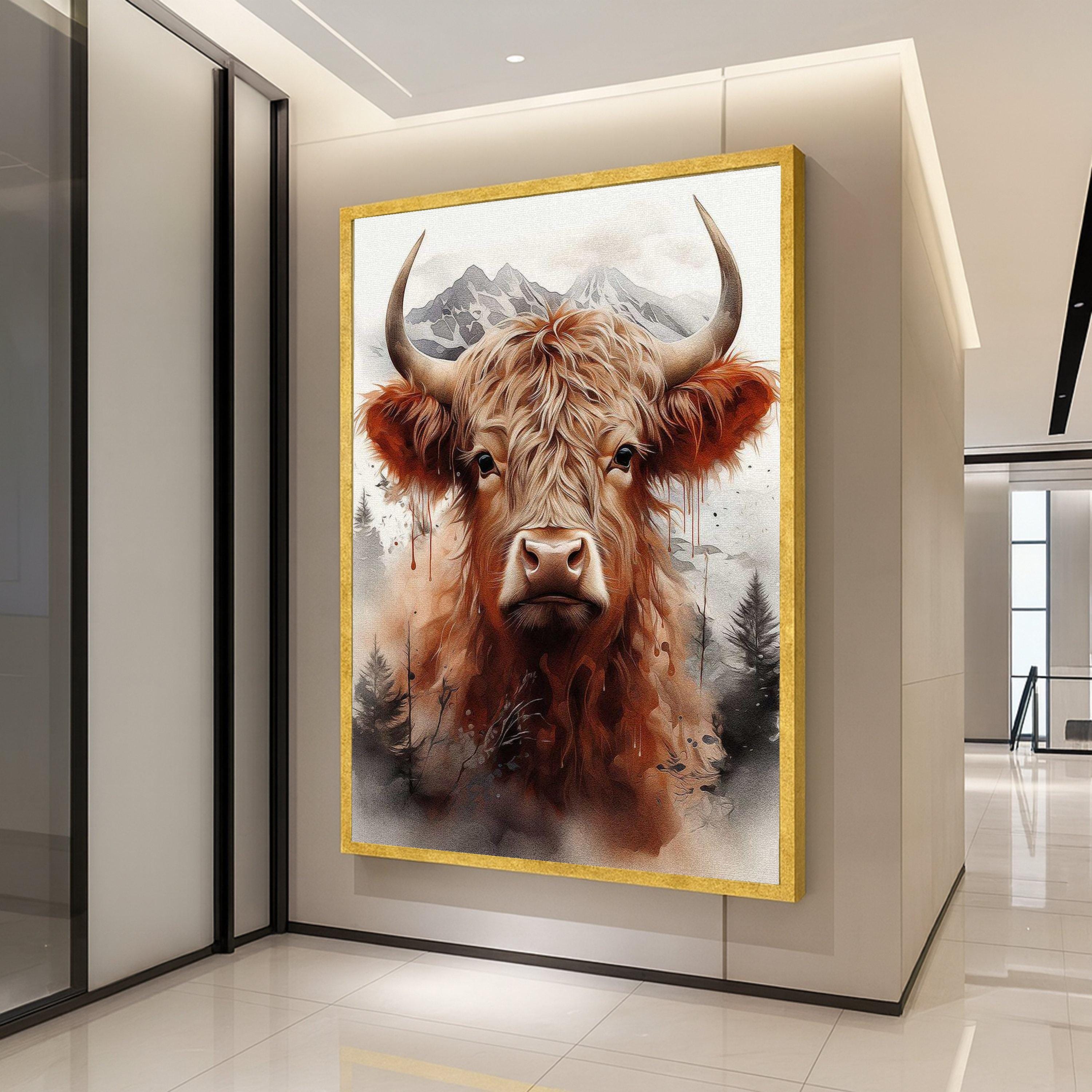 Highland Cow Portrait Canvas, Rustic Animal Wall Art, Mountain Landscape Print, Nature Wildlife Decor, Modern Farmhouse Ready To Hang,