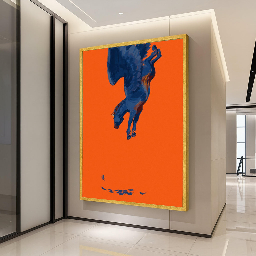 Surreal Blue Pegasus Canvas Art, Mythical Winged Horse Painting, Fantasy Animal Wall Decor, Modern Orange Background Canvas, Ready To Hang,