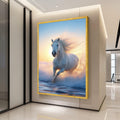 Majestic White Horse Running, Ocean Waves Canvas, Sunset Beach Wall Art, Equestrian Nature Canvas, Dynamic Animal Canvas, Ready To Hang,