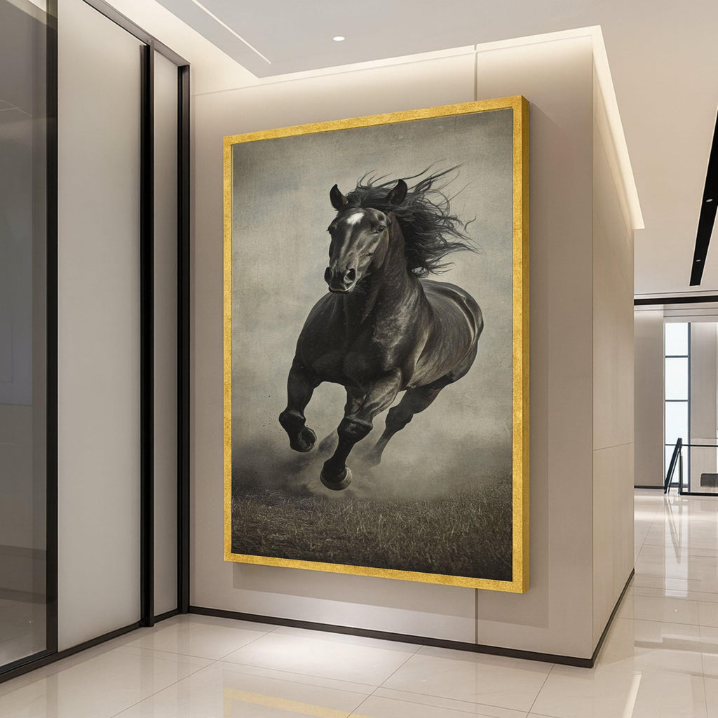 Majestic Black Stallion Running Canvas, Equestrian Wall Art, Horse Galloping Canvas, Rustic Animal Portrait, Home Decor Ready To Hang,