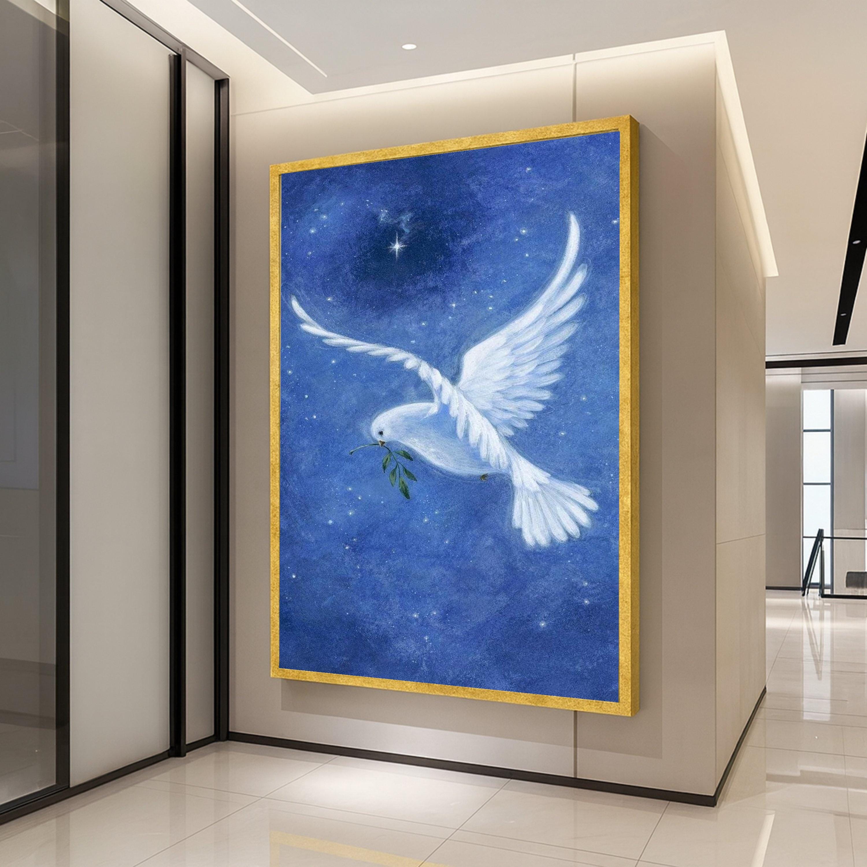 White Dove with Olive Branch Canvas, Peace Symbol Wall Art, Night Sky Canvas, Spiritual Bird Decoration, Serenity Home Décor Ready To Hang,