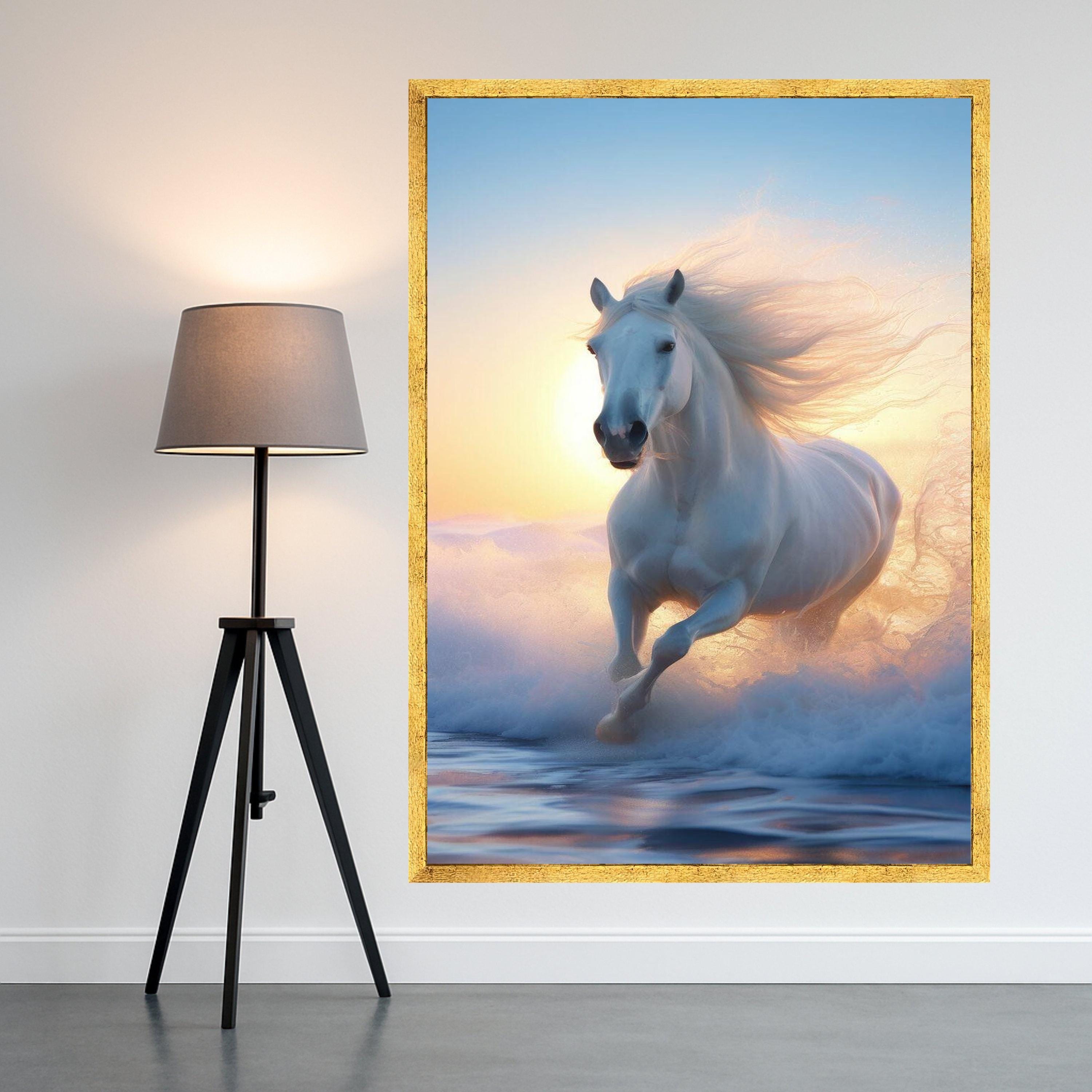 Majestic White Horse Running, Ocean Waves Canvas, Sunset Beach Wall Art, Equestrian Nature Canvas, Dynamic Animal Canvas, Ready To Hang,