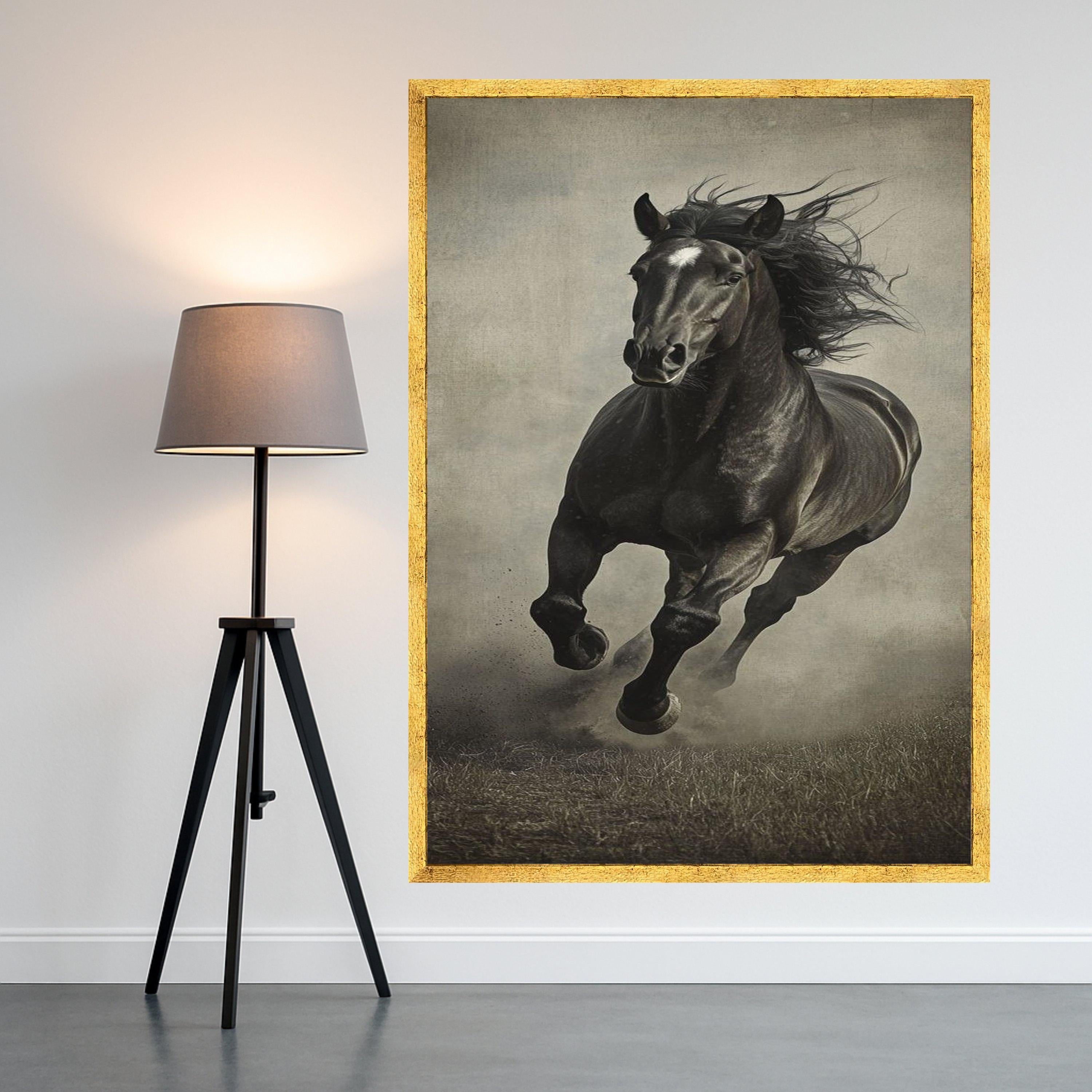 Majestic Black Stallion Running Canvas, Equestrian Wall Art, Horse Galloping Canvas, Rustic Animal Portrait, Home Decor Ready To Hang,
